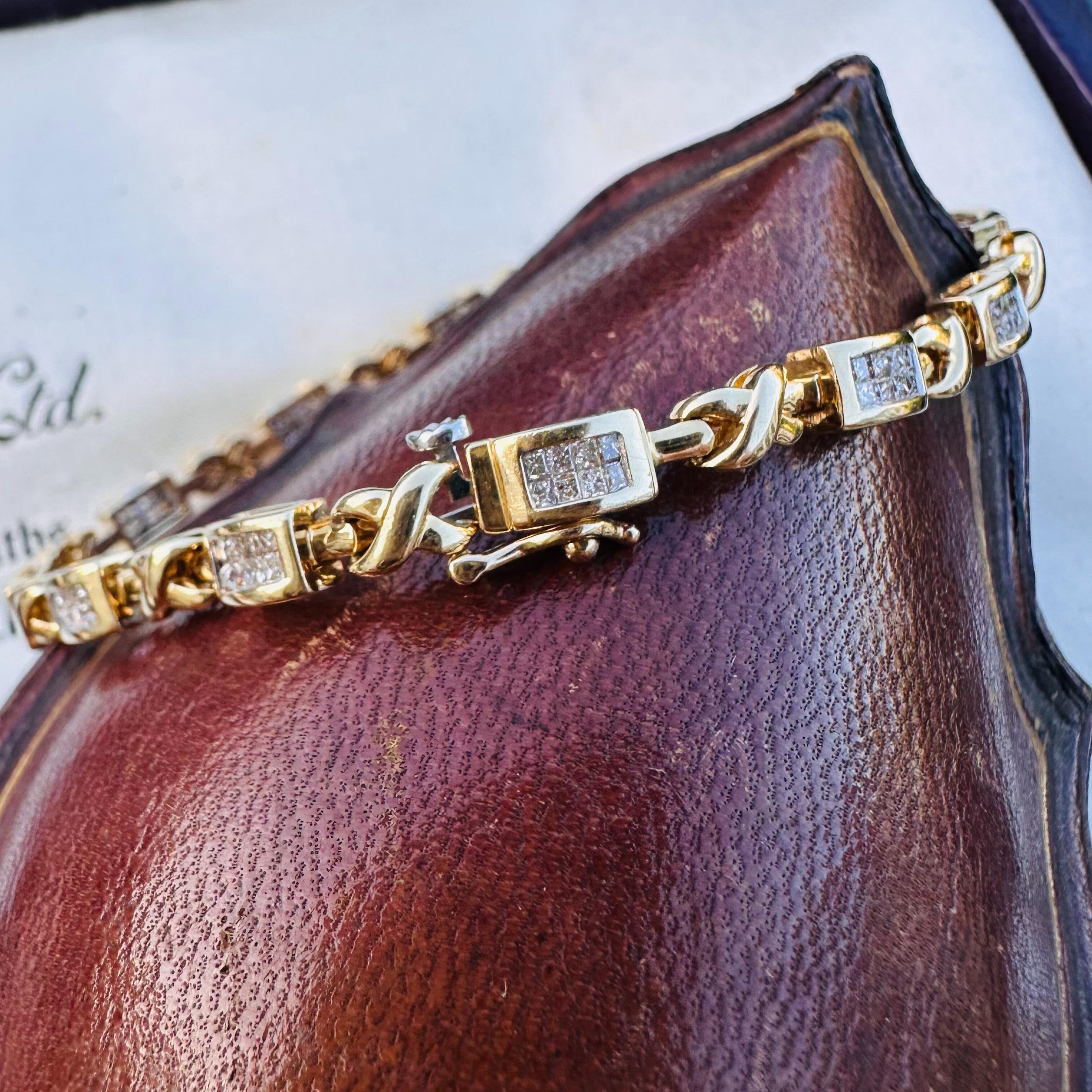 14k Gold Princess Cut Diamond Tennis Bracelet displayed on antique box