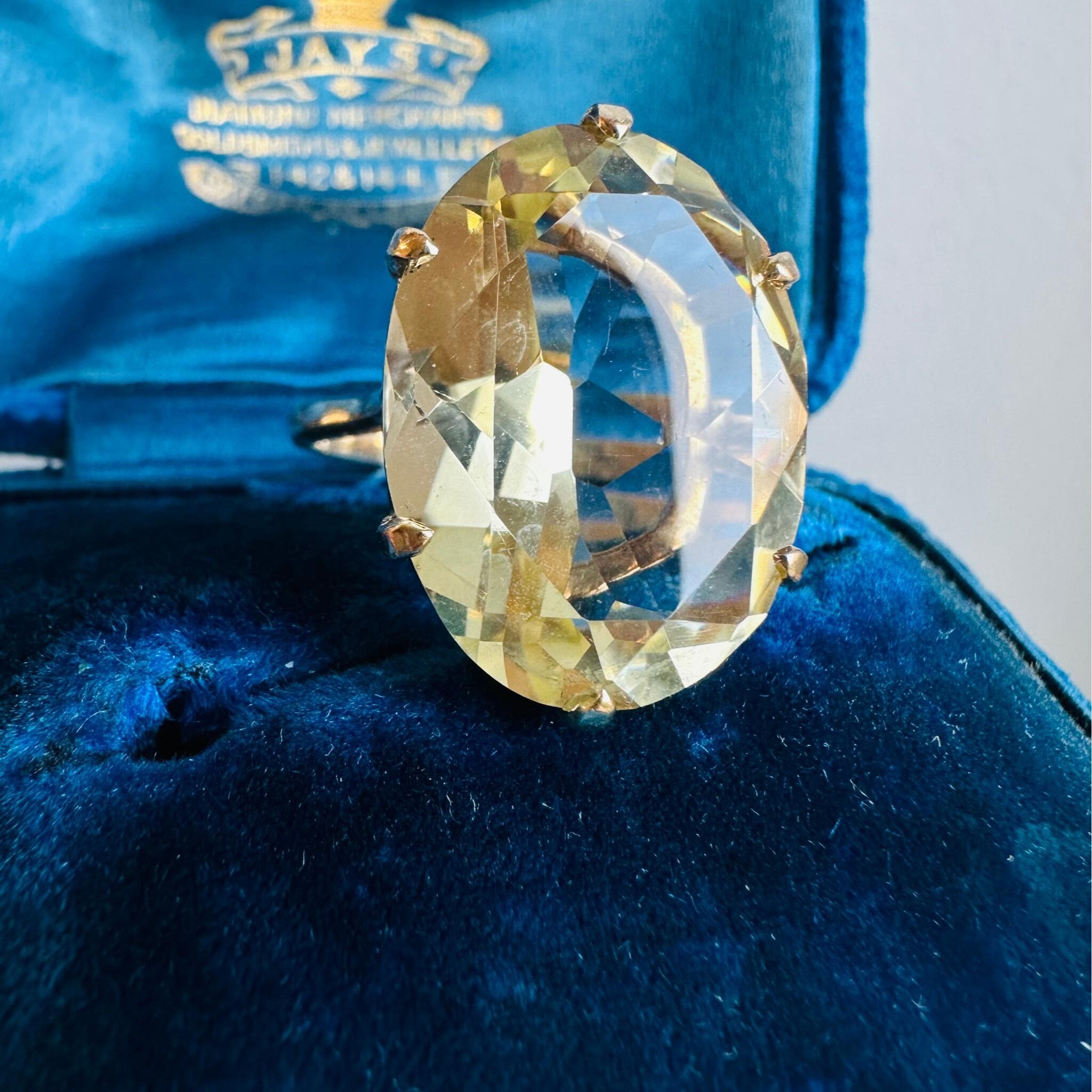 Vintage 9K Gold Oval Citrine Statement Ring, London 1985 Hallmarked Cocktail Ring, displayed in antique box