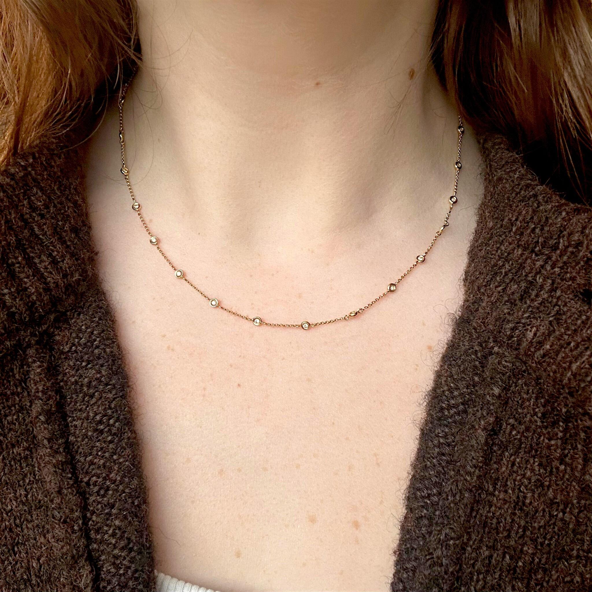 18K Gold Diamonds by the Yard Necklace Inspired by Tiffanys worn on models neck