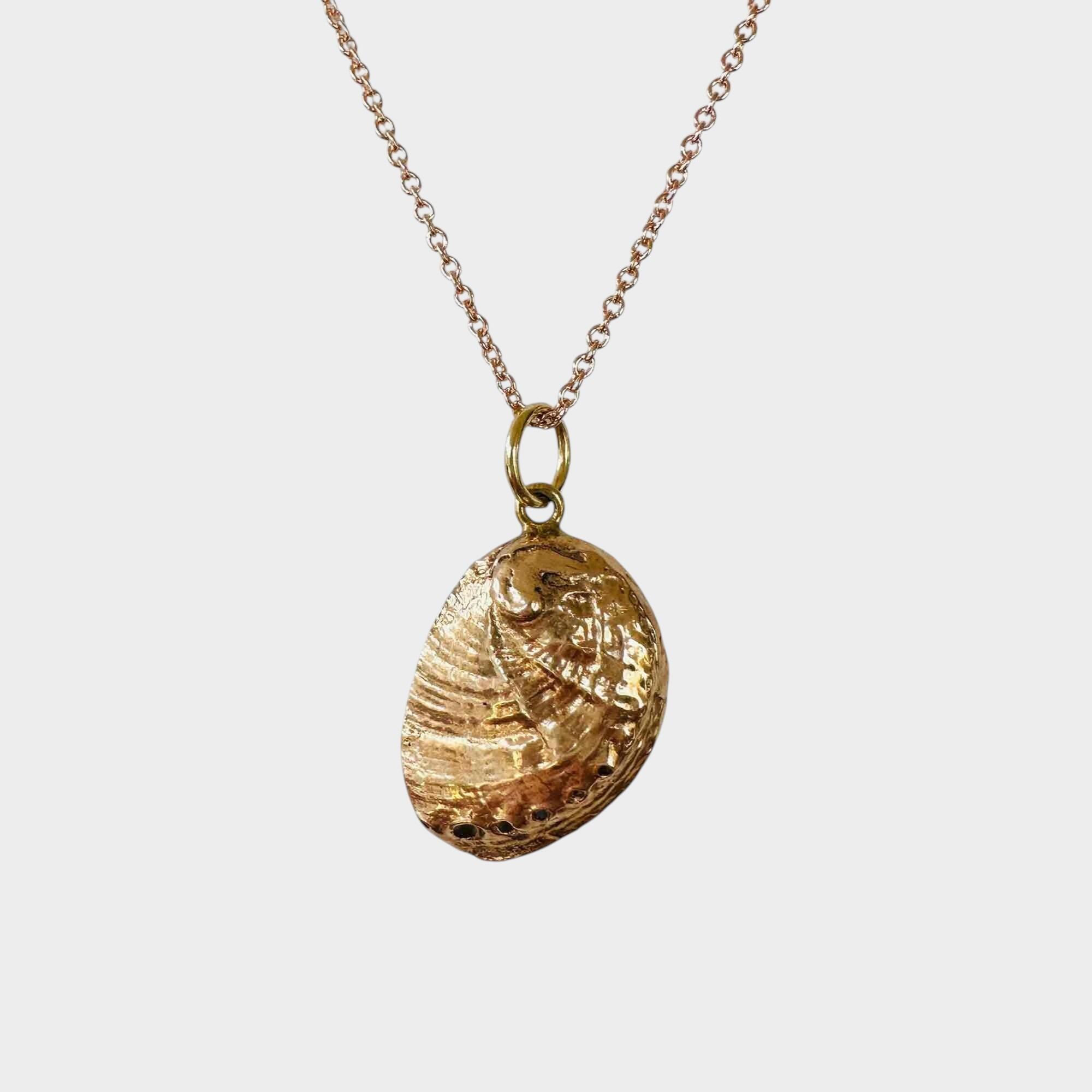 Vintage 9ct Rose Gold Ormer Shell Pendant | Double Sided Sea Snail Charm with grey background