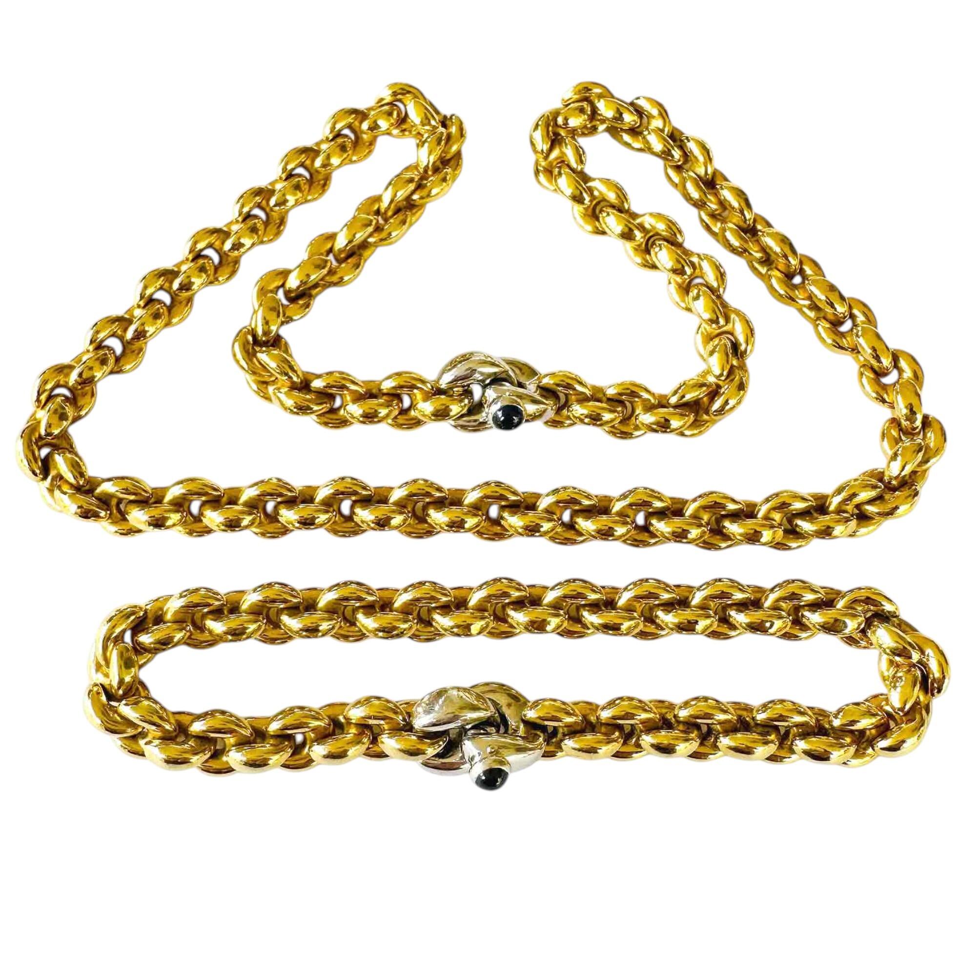 18k Italian gold designer link necklace and bracelet set by Chiampesan, featuring sapphire clasps.