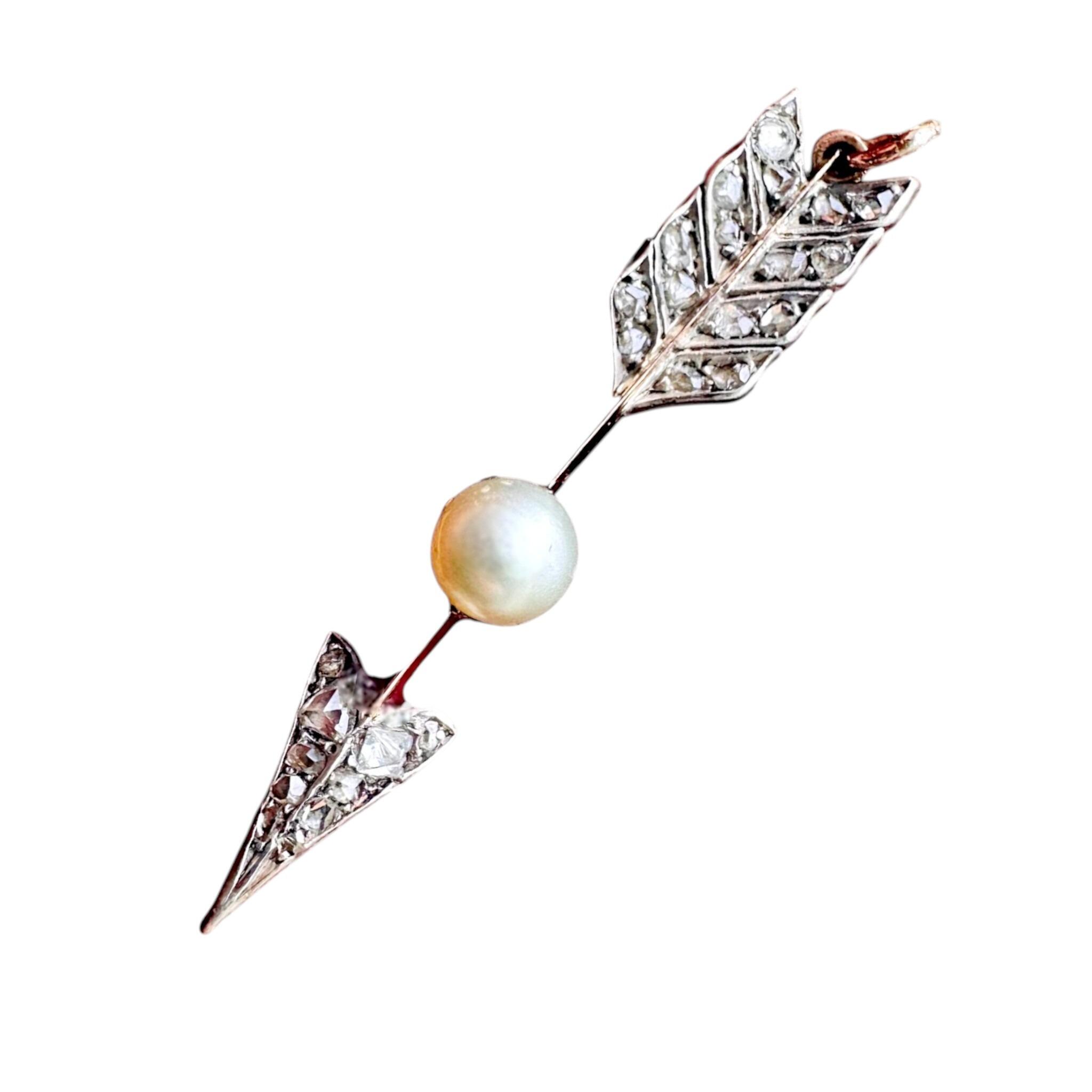 vertical Victorian Rose Cut Diamond & Pearl Cupid’s Arrow Pendant, white background