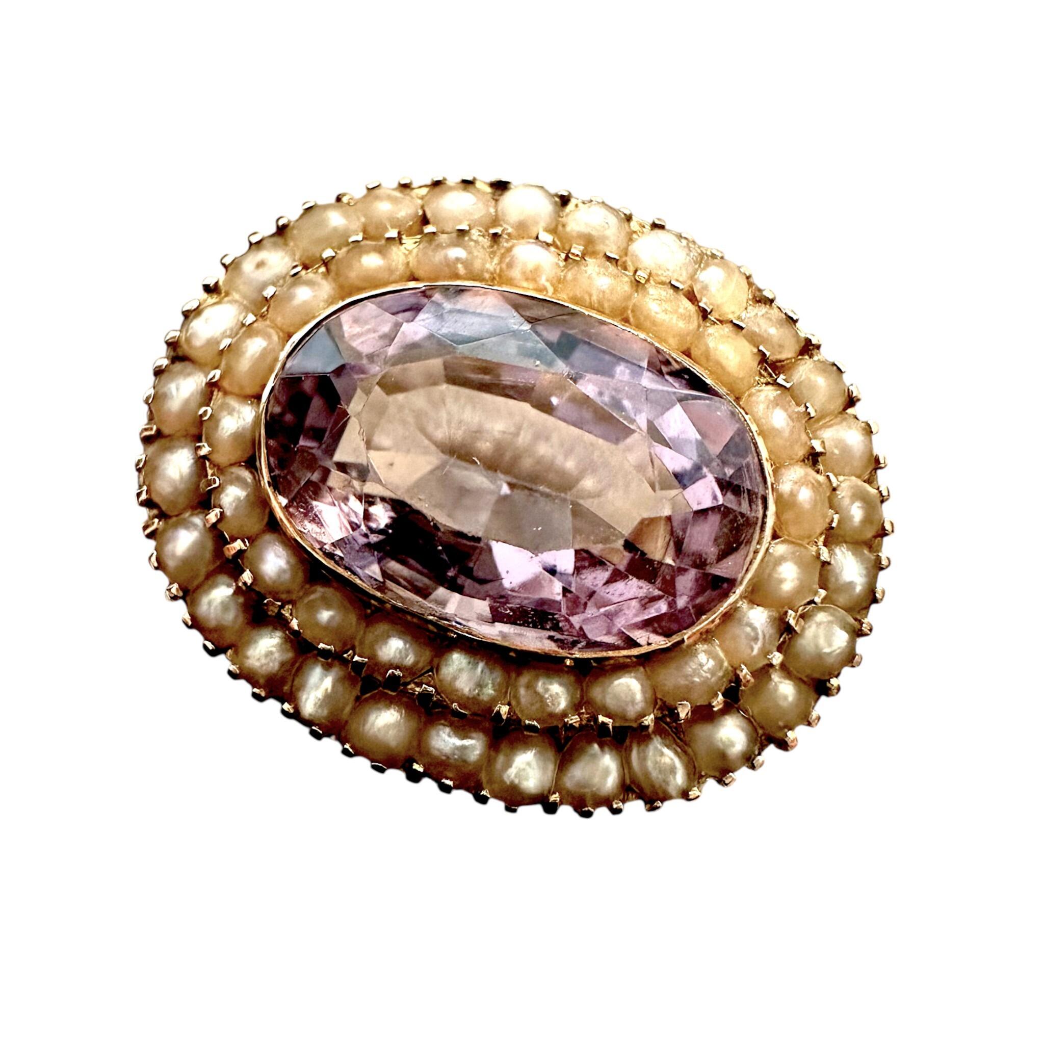front view of Antique Victorian Gold Rose de France Amethyst & Seed Pearl Brooch with white background