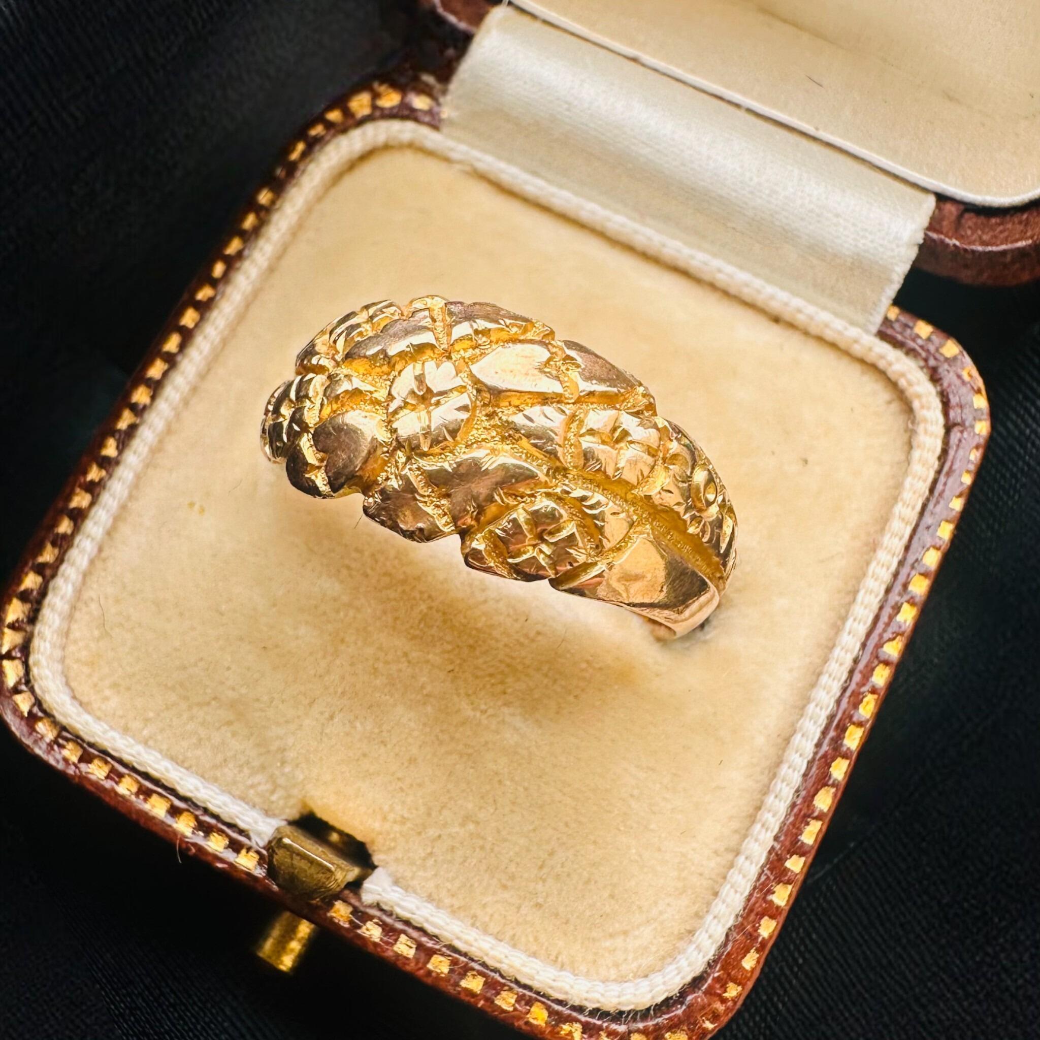 Antique Art Nouveau Gold English Repoussé Ivy & Rose Dress Ring displayed in antique box with black background