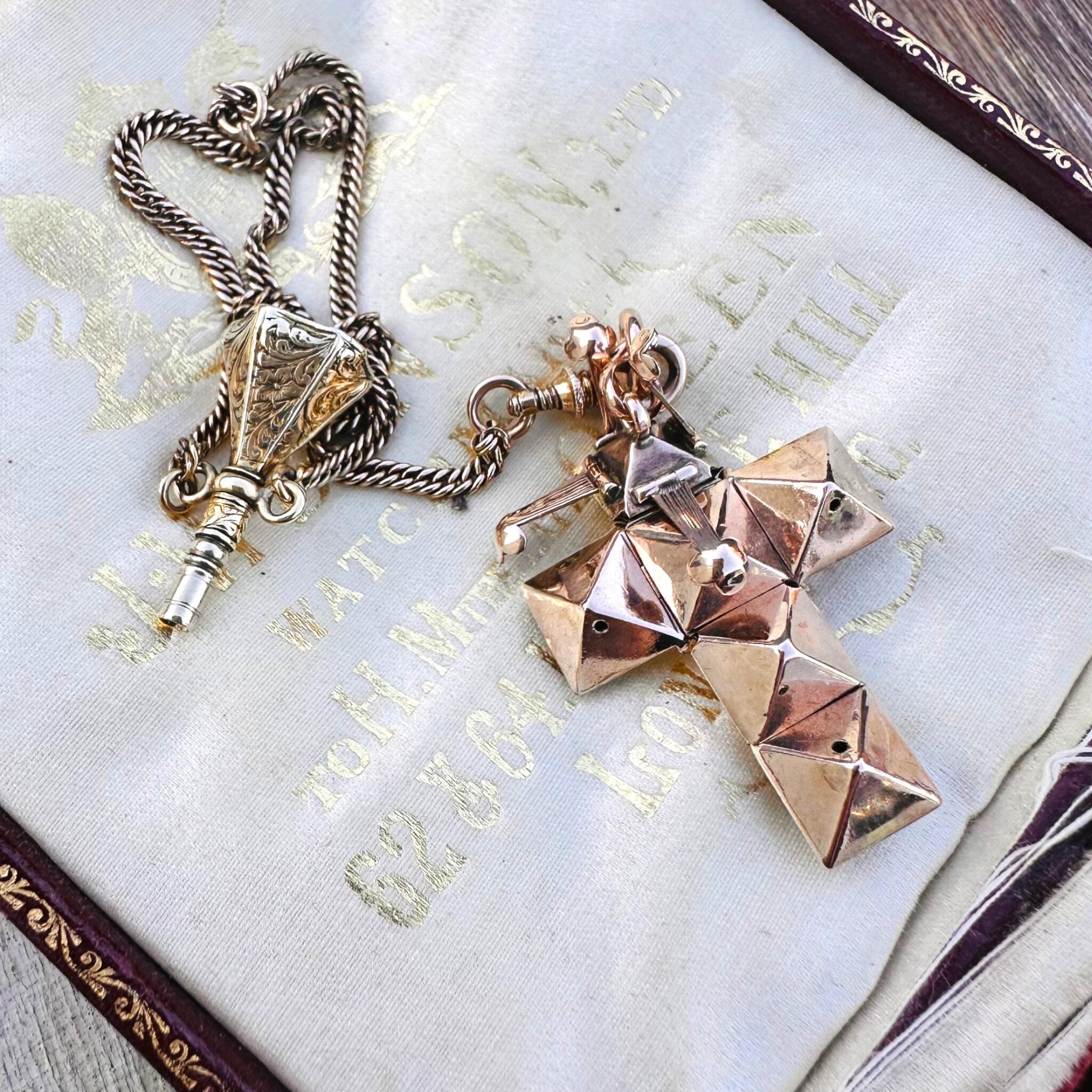 Rare Antique Rose Gold, Opening Hexagonal Cross Masonic Pendant & Bloodstone Watch Key Fob laying inside antique box