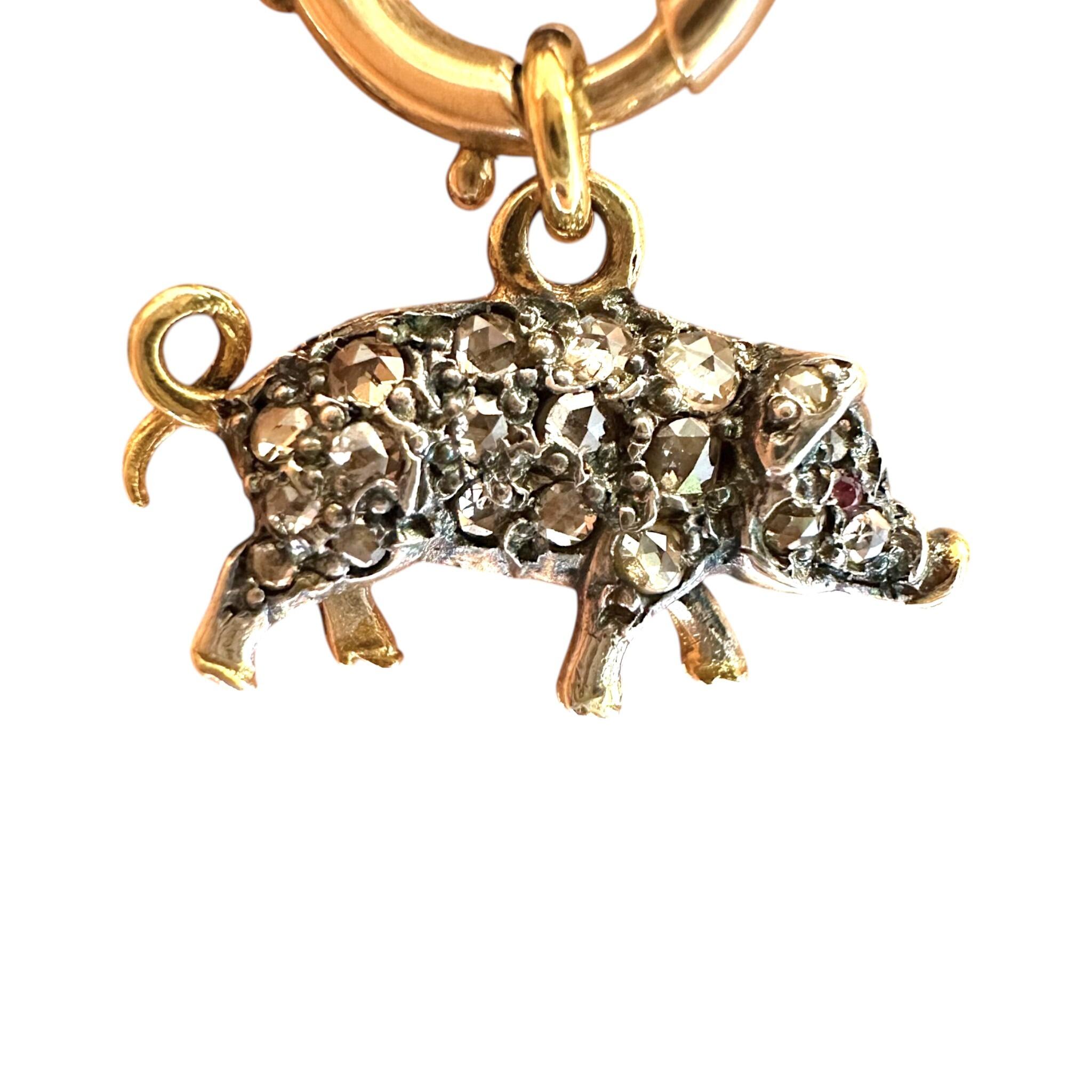 Vintage Rose Cut Diamond & Ruby Pig Charm Pendant with white background