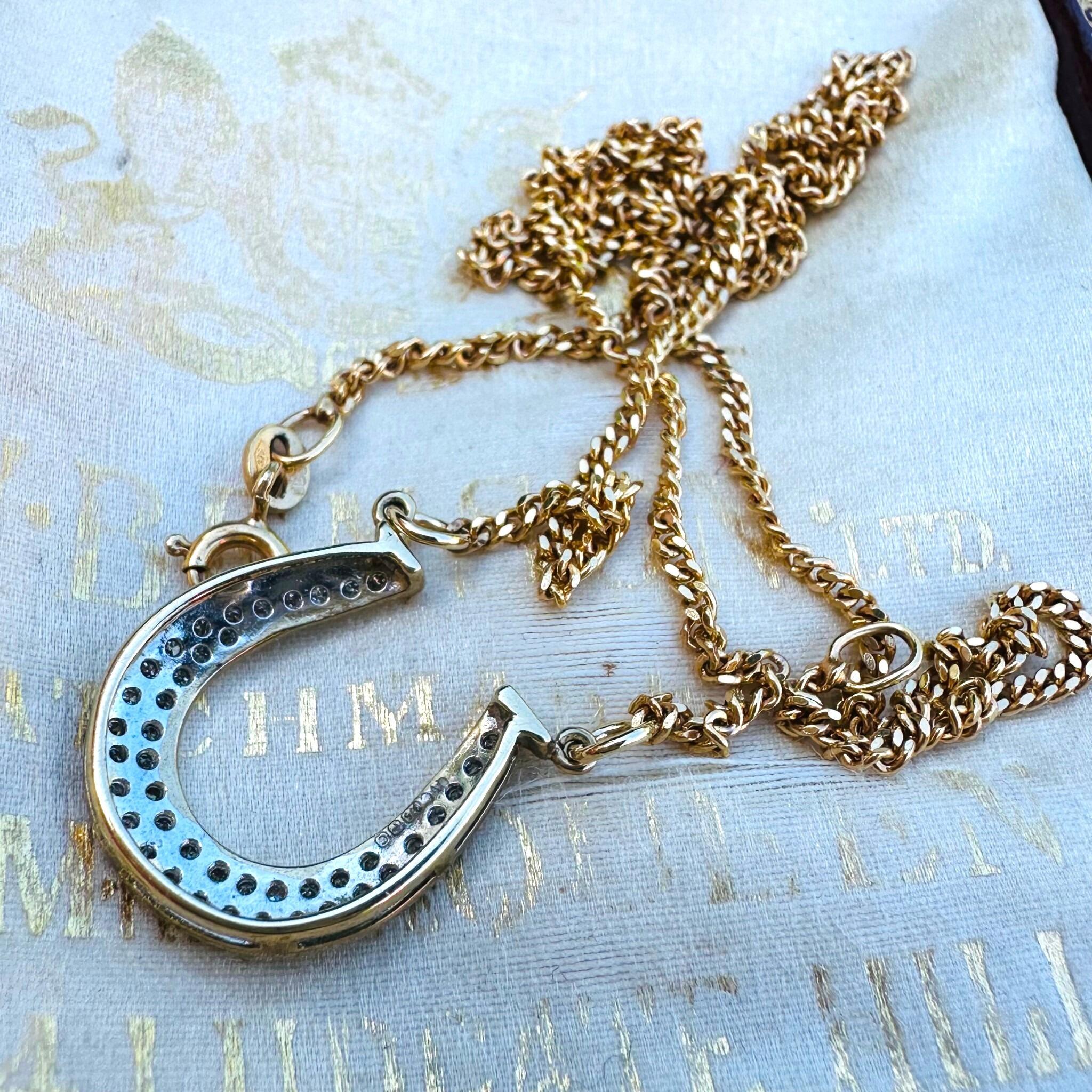 side profile of Vintage Diamond Horseshoe Necklace displayed on antique box