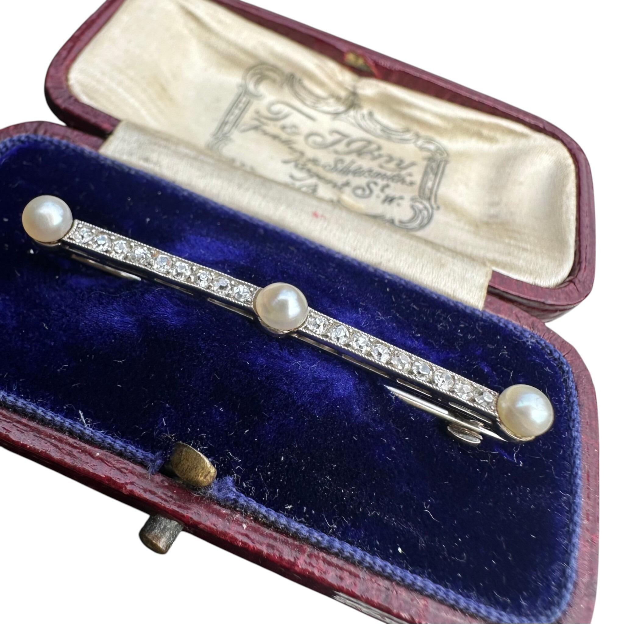 Antique Edwardian Platinum Diamond & Pearl Bar Brooch displayed in original box with white background