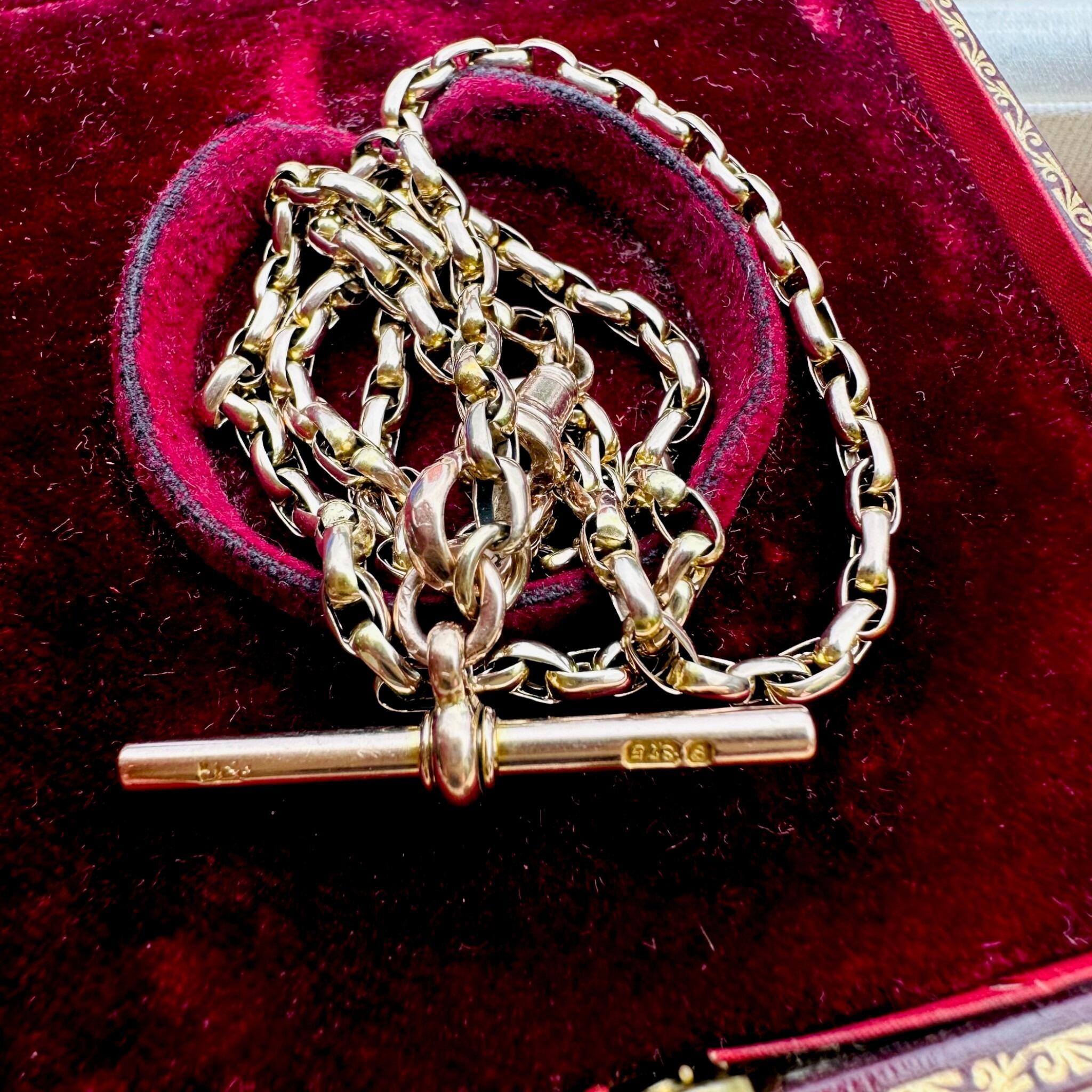 Antique Victorian 9k Gold Bike Link Chain & Dog Clip Clasp displayed on red velvet antique box
