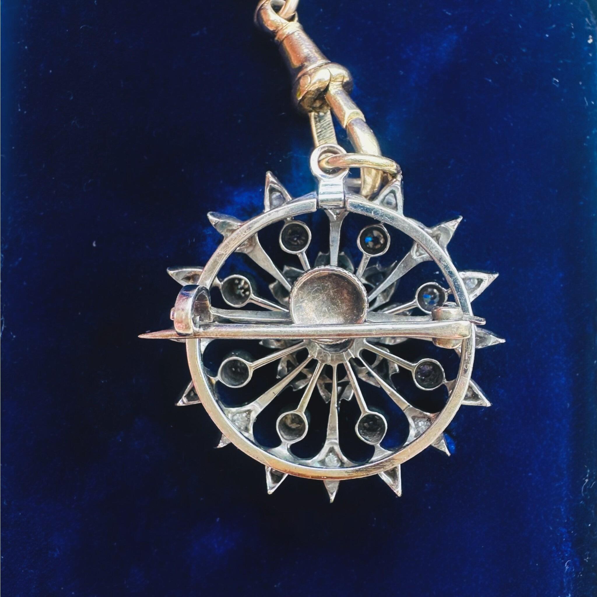 rear view of Antique Victorian Diamond Flower Pendant Brooch, displayed on blue velvet box