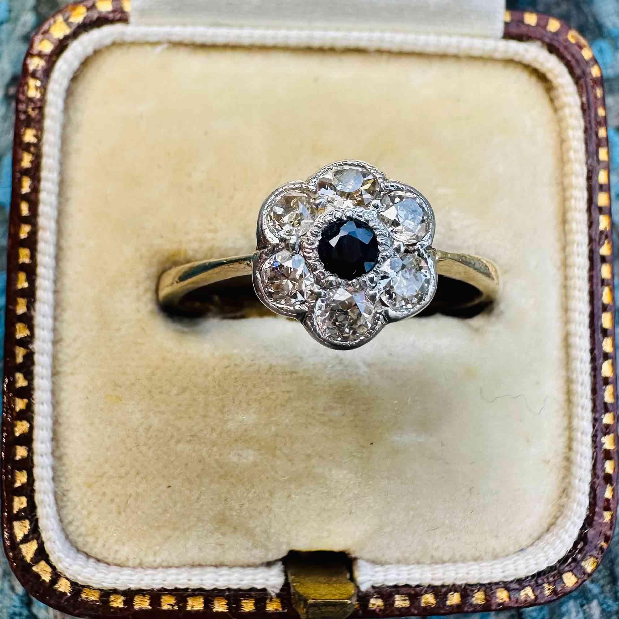 Art Deco 18k gold Sapphire and diamond cluster daisy ring in antique ring box