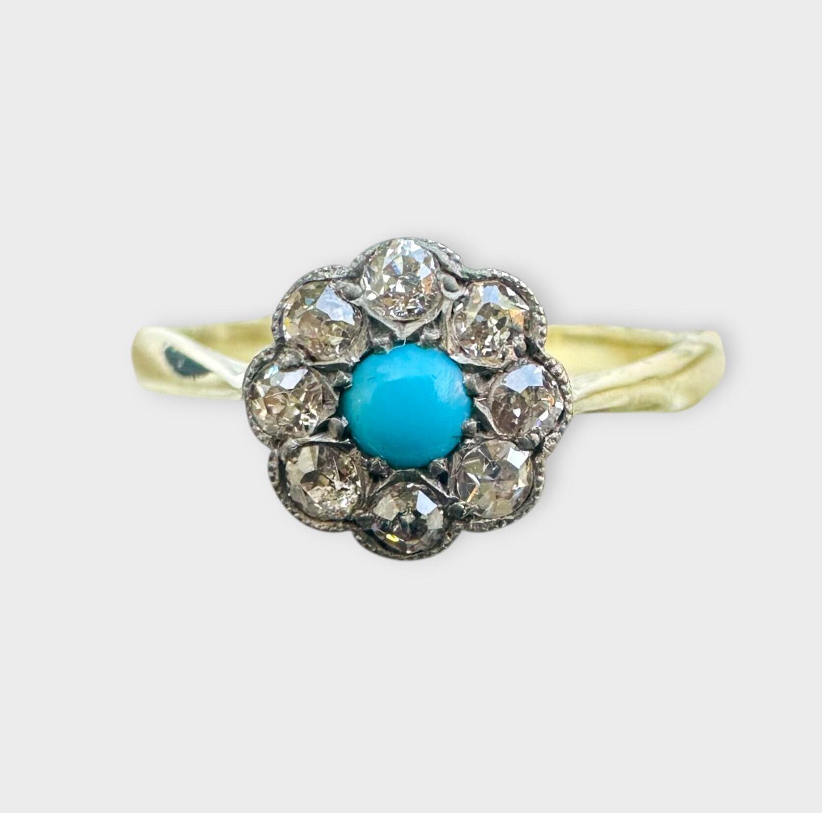 Front view of Edwardian 18k gold turquoise and diamond daisy cluster ring