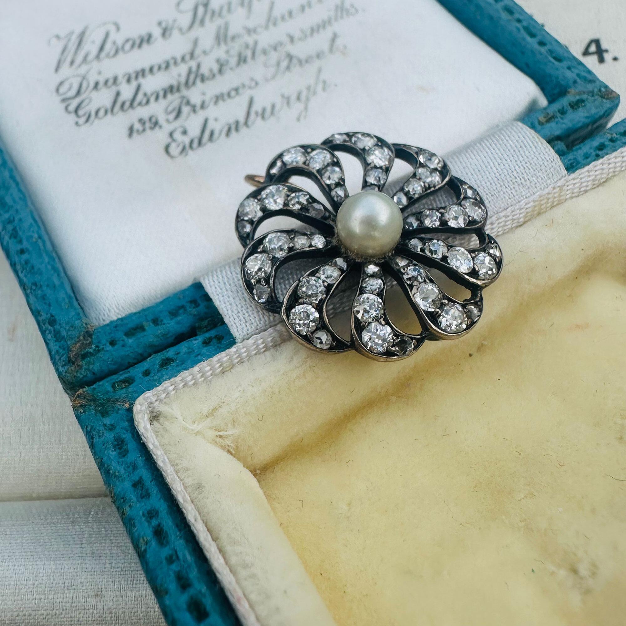 side view, antique diamond and pearl celestial sunburst pendant on antique box.