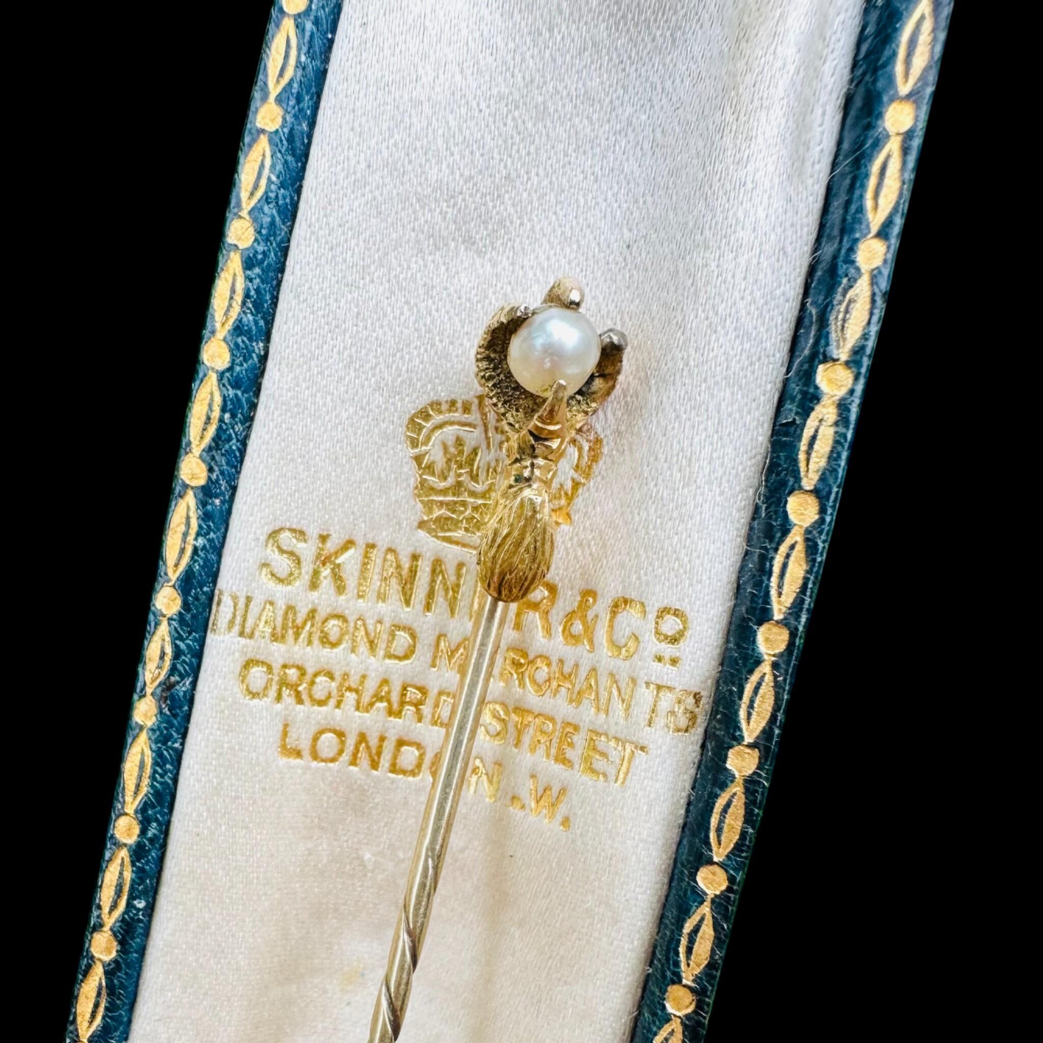 Victorian 18ct Gold Eagle Claw Pearl Stick Pin, Circa 1890, displayed in antique box.