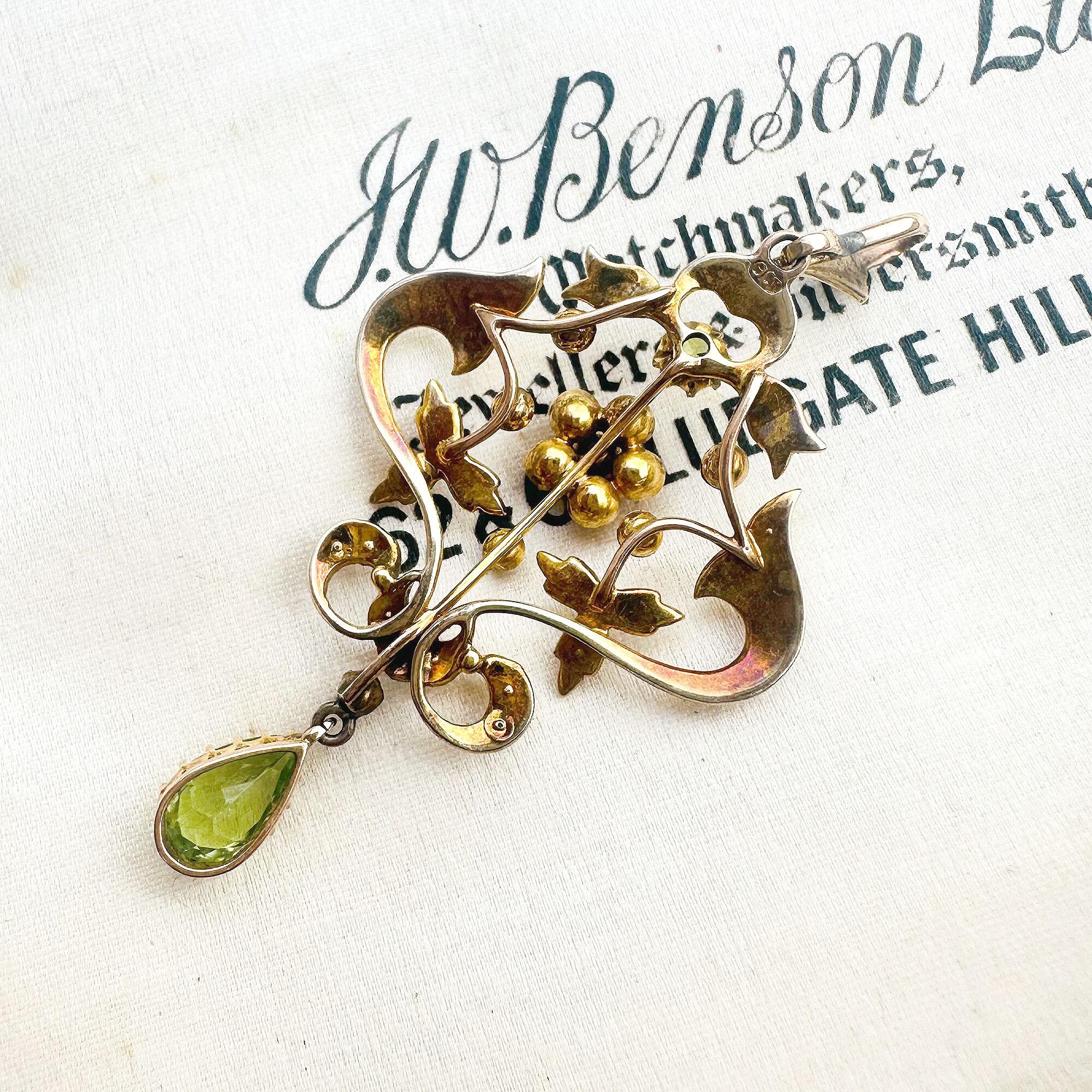 Art Nouveau 9k gold Lavaliere Pendant Peridot & Pearl Floral Motif, rear view.