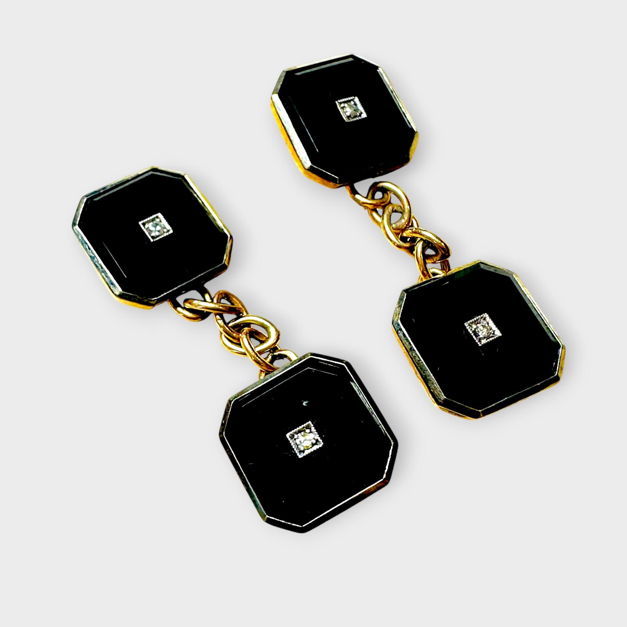Art Deco 15ct Gold Black Onyx & Diamond Chain-Link Cufflinks, side view