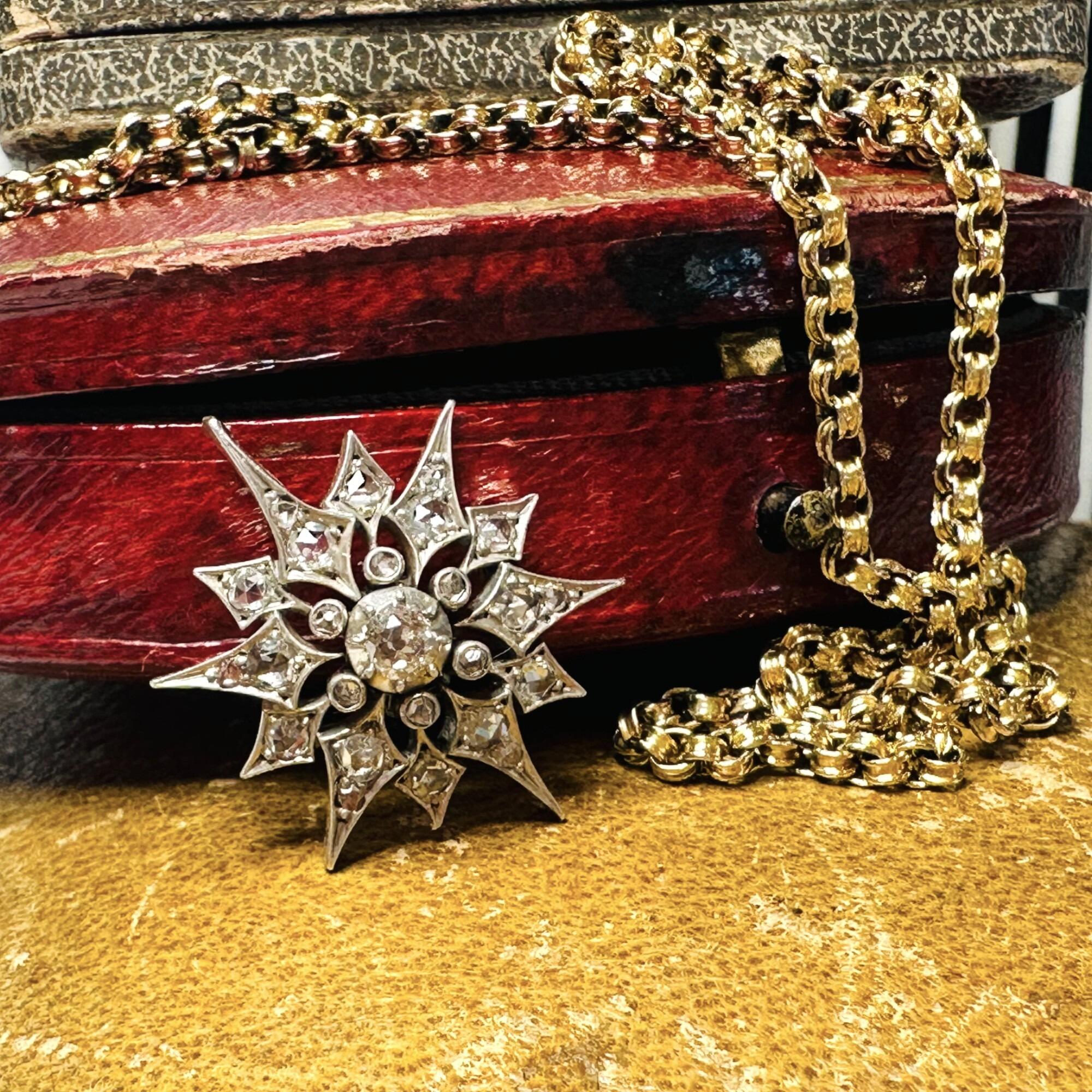Victorian Diamond Star Pendant, Antique Silver & Rose Gold Starburst, displayed with a red textured antique box.