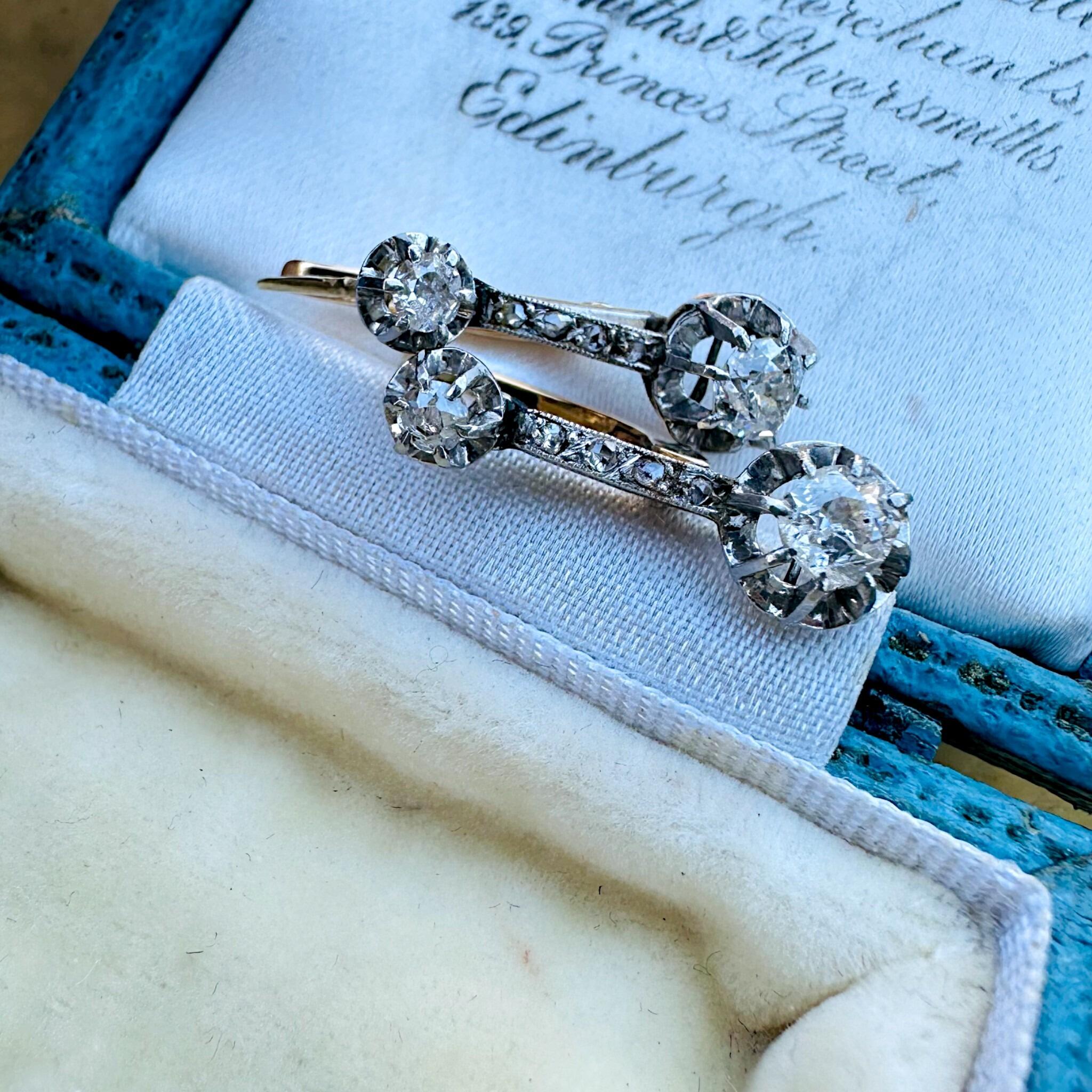 French Belle Époque Dormeuse Earrings in 18K Gold with 0.50ct Diamonds – Hallmarked with French Eagle, displayed in antique box