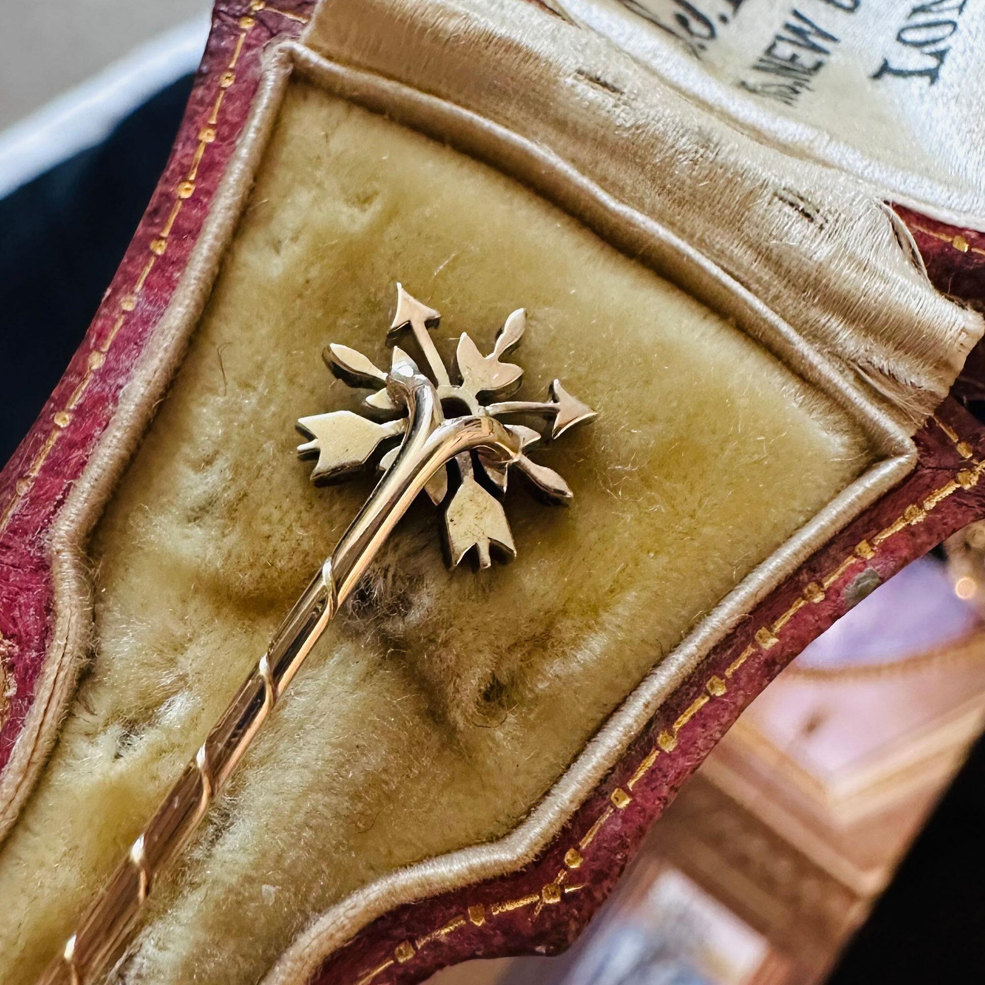 Rare Gold Ruby & Diamond Arrow Stick Pin in antique S J Phillips, Bond Street London box