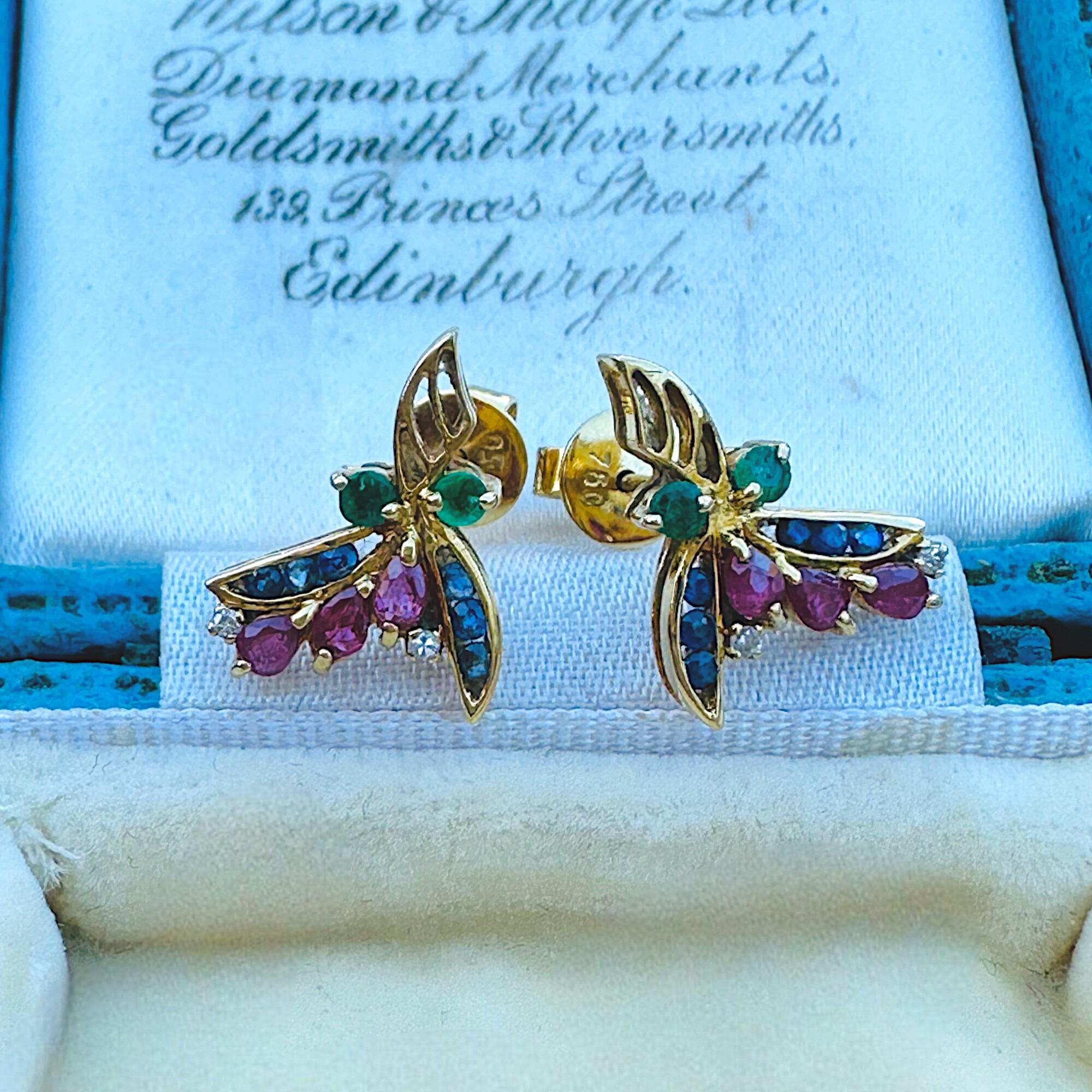 18K Yellow Gold Floral Sprig Earrings with Sapphires, Rubies, Emeralds & Diamonds displayed in antique box.