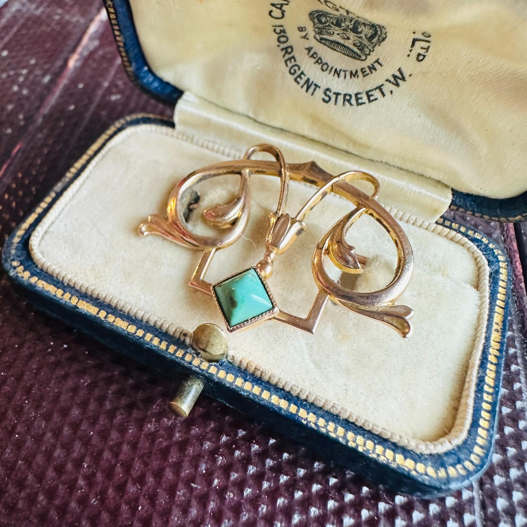 Art Nouveau Jugendstil Turquoise Brooch in 9k Rose Gold, displayed in antique box.