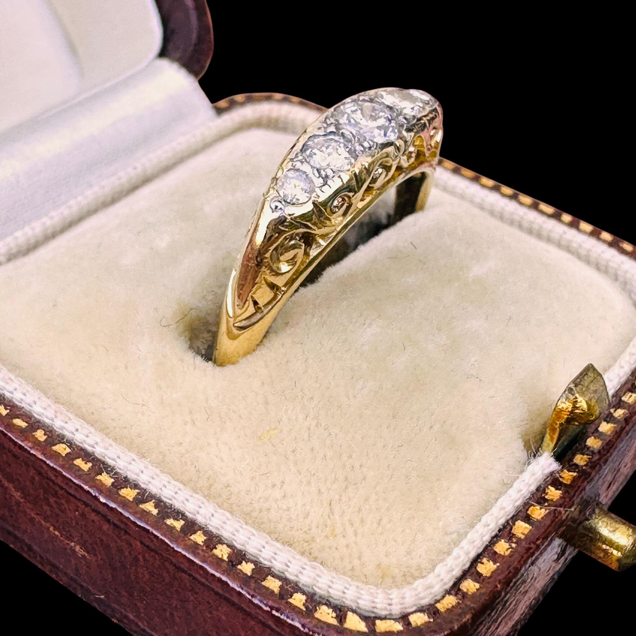 Victorian 18ct Gold Old-Cut Diamond Carved Hoop Ring, displayed in antique box.