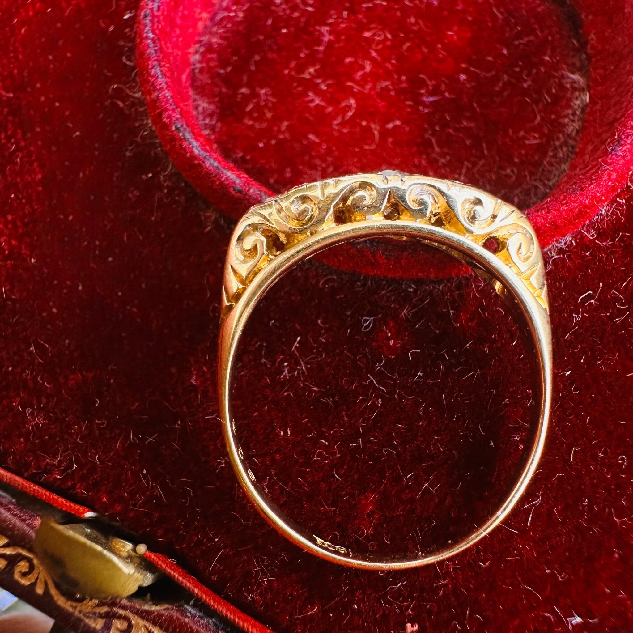 top view, Victorian 18ct Gold Old-Cut Diamond Carved Hoop Ring displayed in antique box.