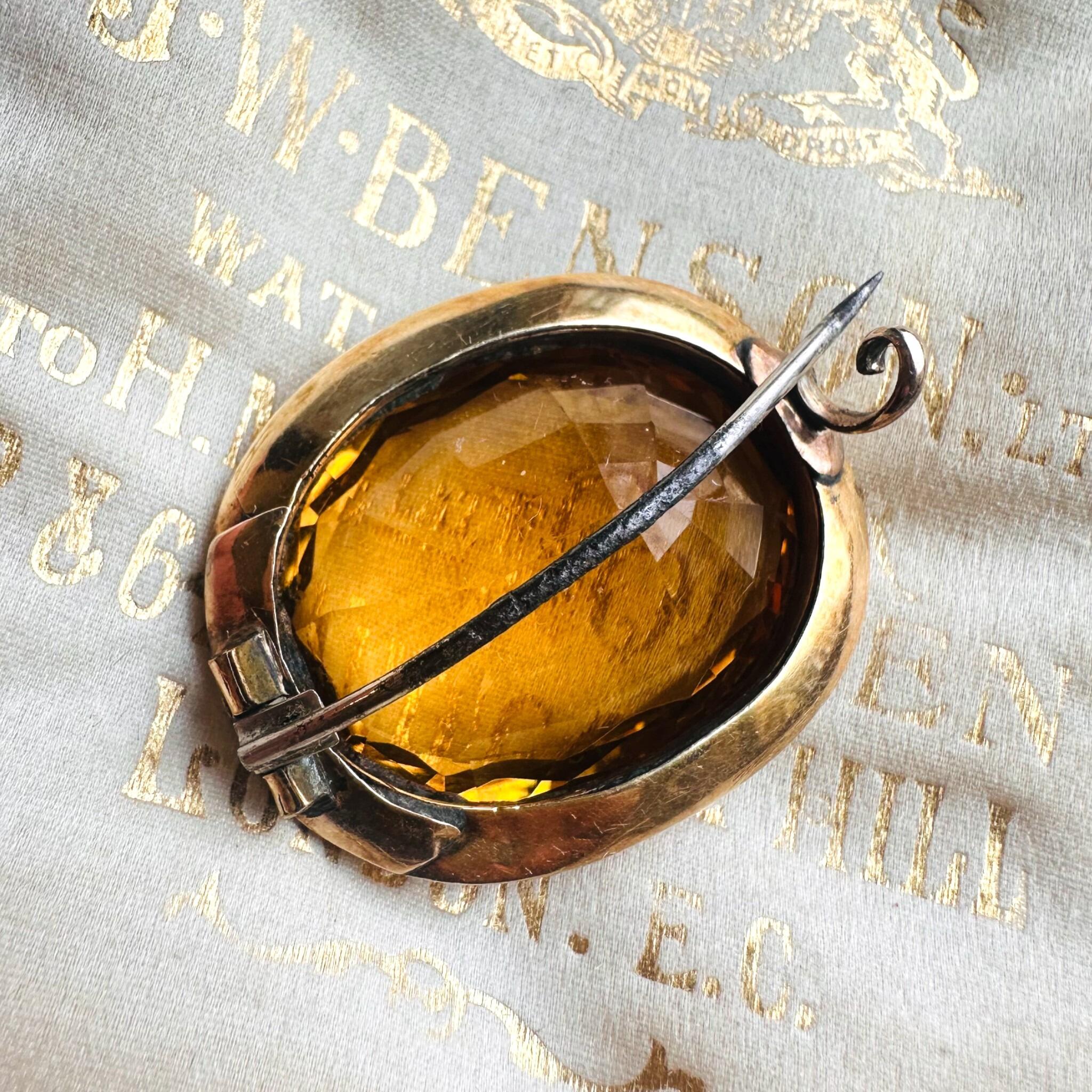 Rear view of 15k Gold large Citrine Brooch, displayed in the antique box.