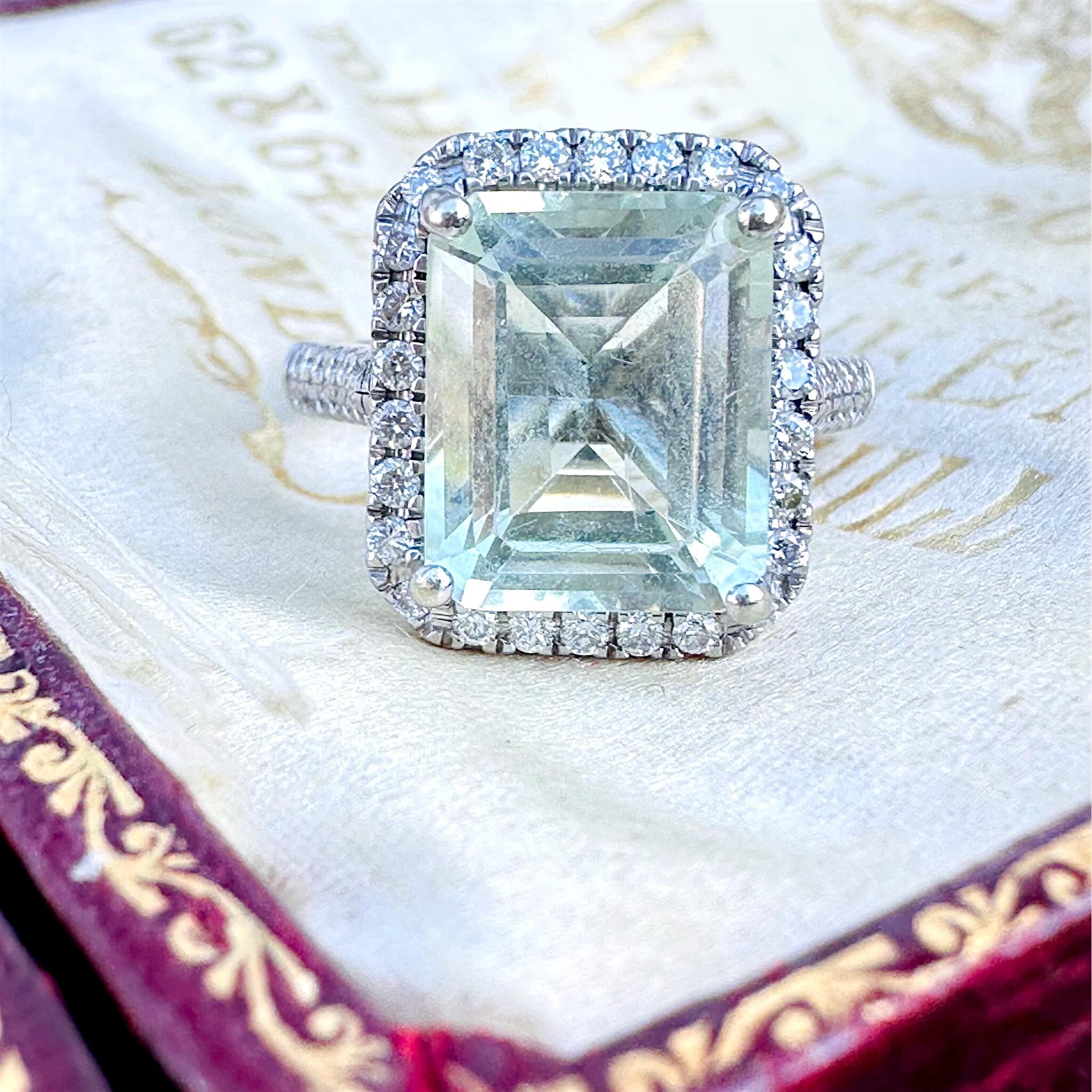 front view of Diamond Halo & Prasiolite Cluster Ring in 14k White Gold displayed in antique box.