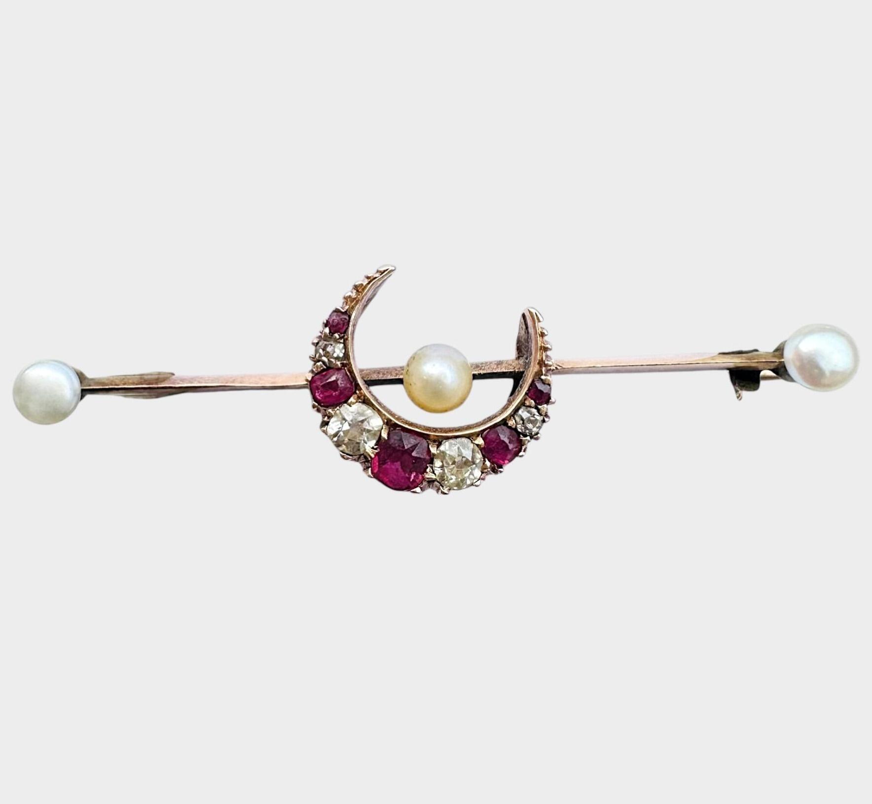 15ct Gold Diamond, Ruby & Pearl Crescent Moon Brooch, grey background