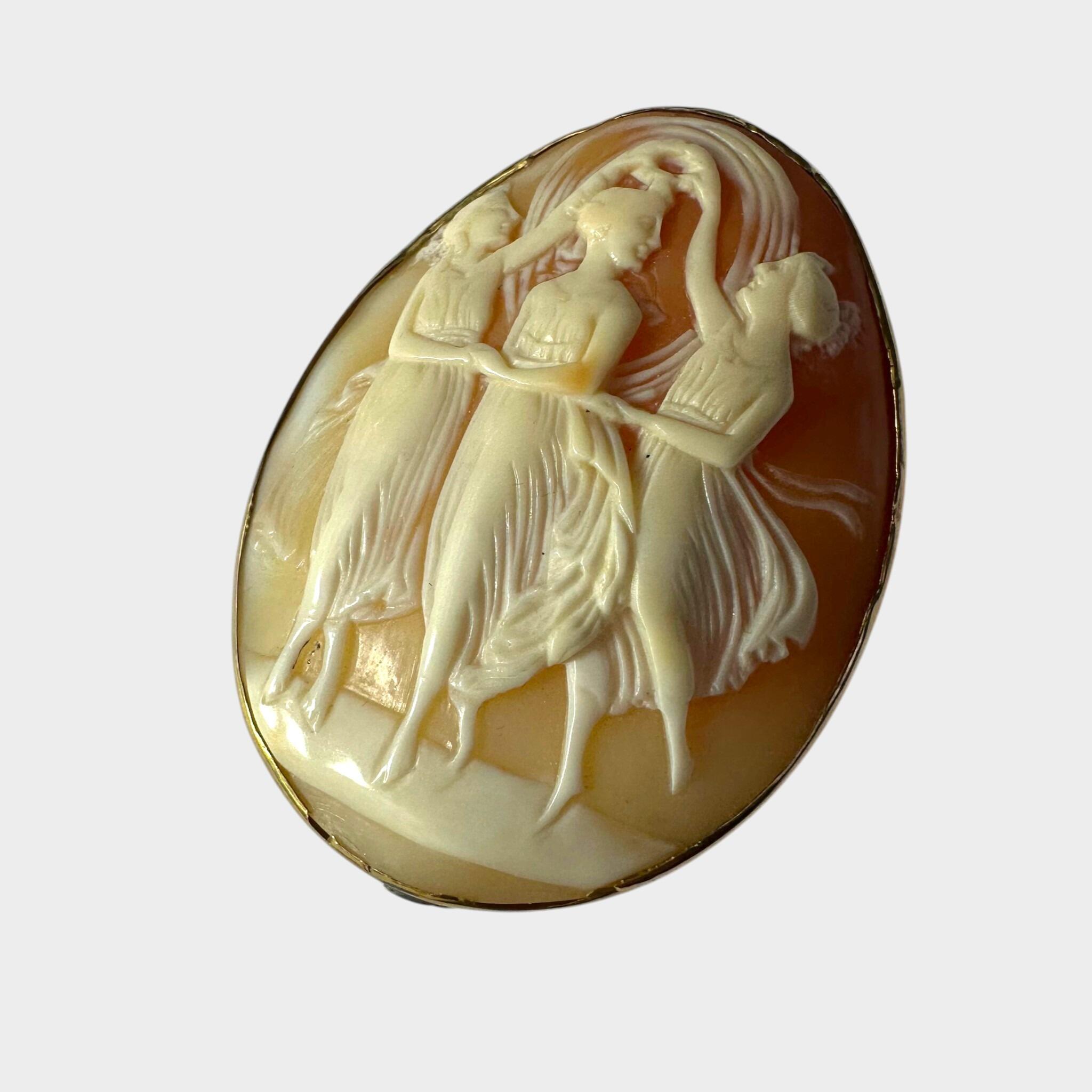 side view of Antique Cameo Brooch Three Graces – Italian Shell Carving, Signed, Gold Mount