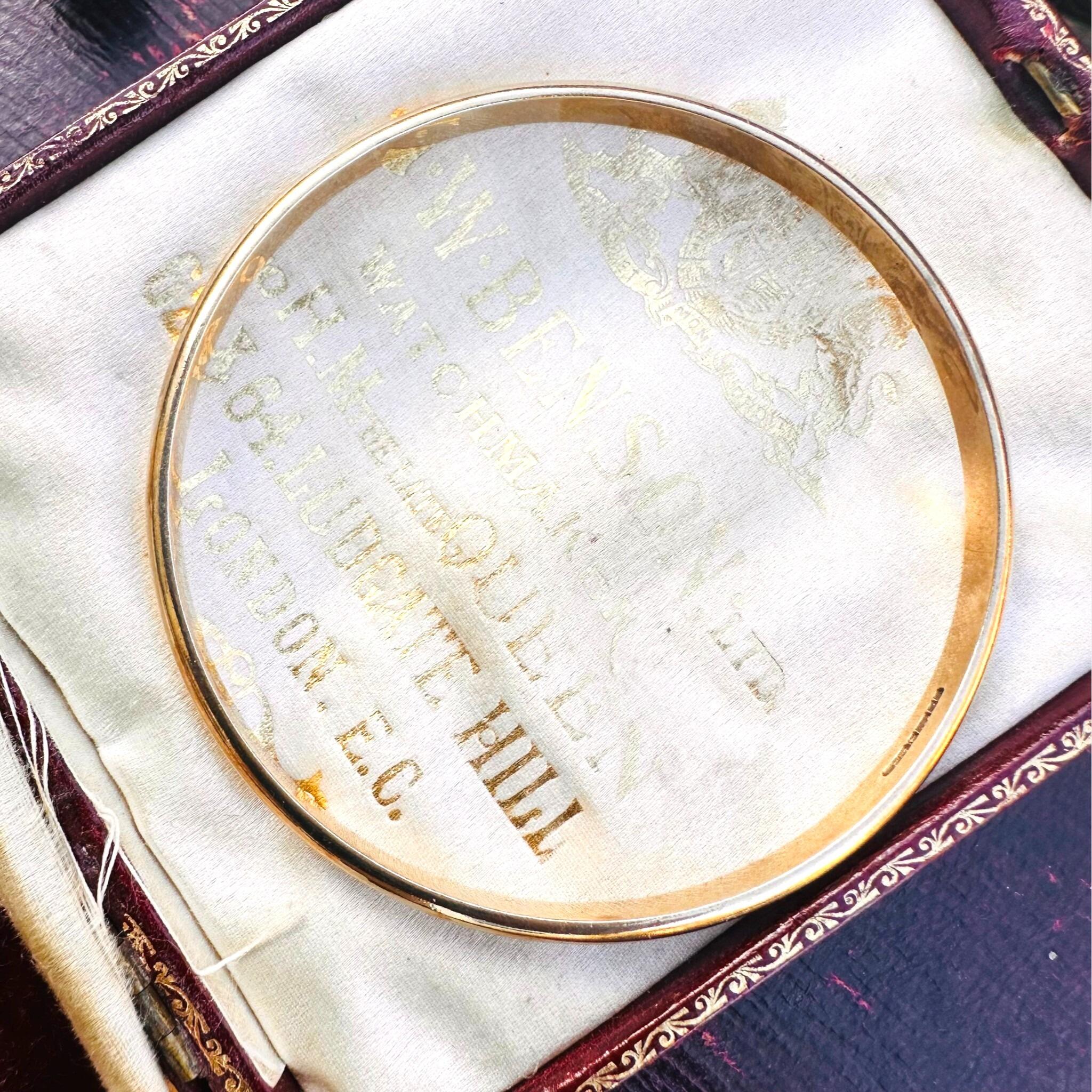 9ct Solid Gold D Shaped Bangle, Charles Green & Sons 1987 Hallmarked displayed on antique box