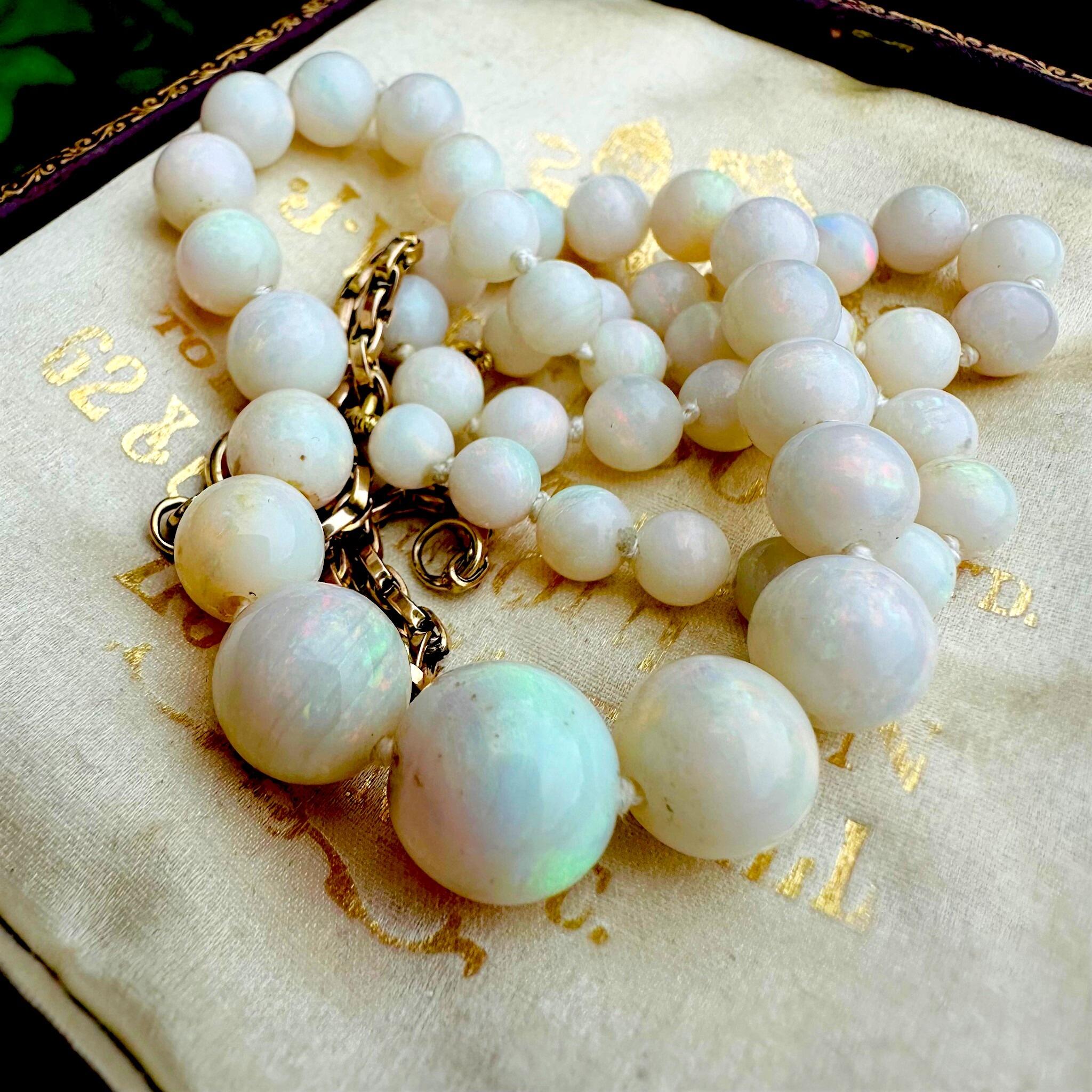 close up of Art Deco Graduated Opal Bead & Gold Bike Chain Necklace