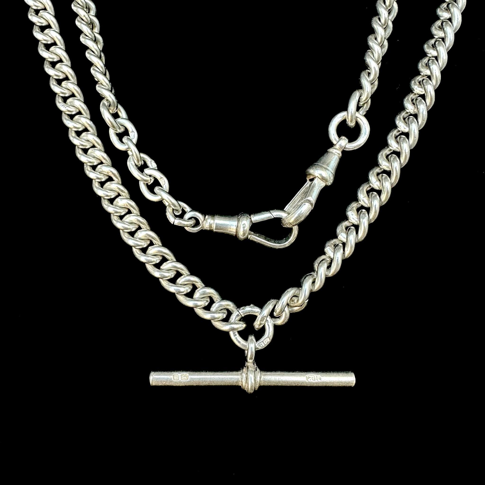 Antique Chunky Silver Albert Chain Necklace, T-Bar & Dog Clip with black background