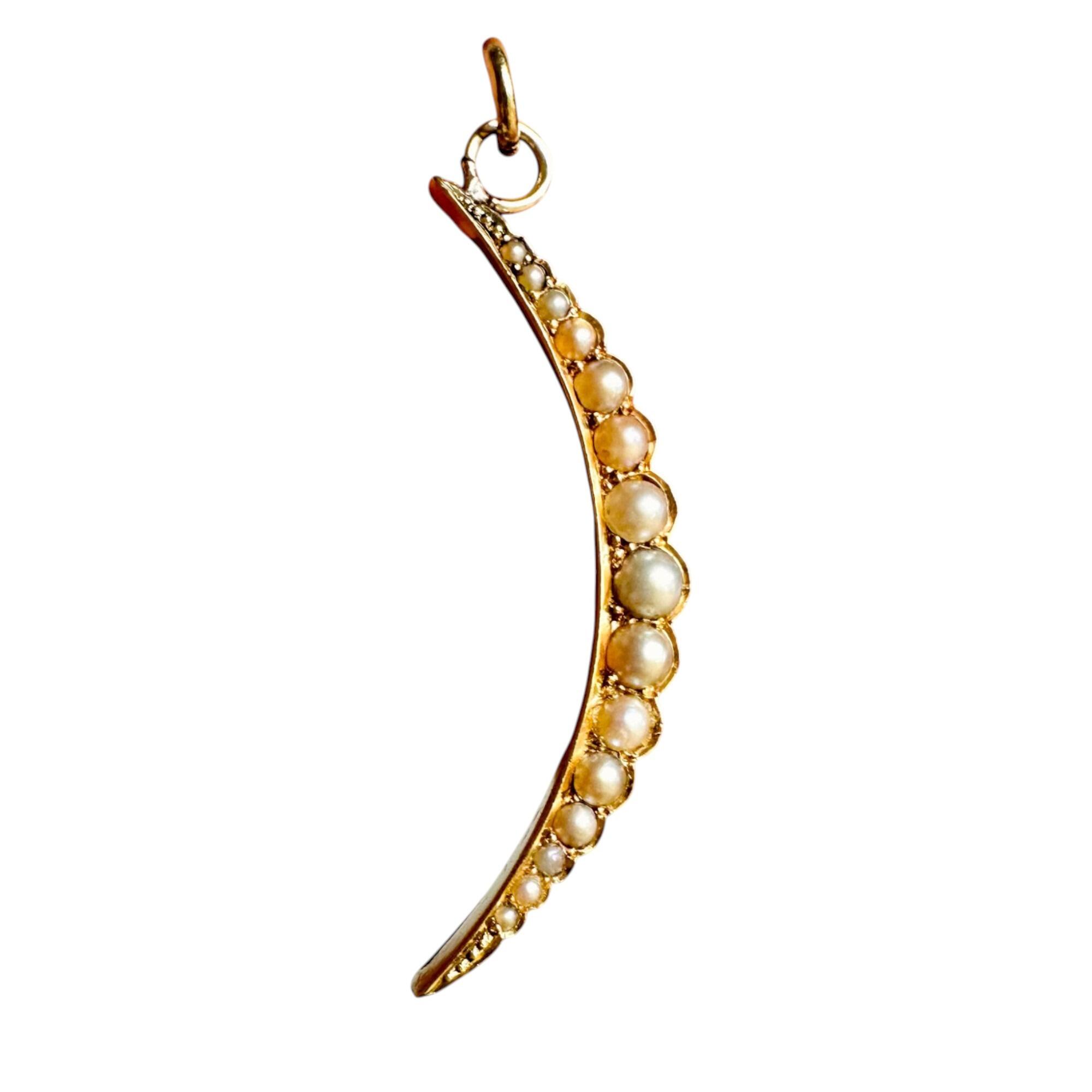 Victorian 9k Gold & Natural Pearl Crescent Moon Pendant