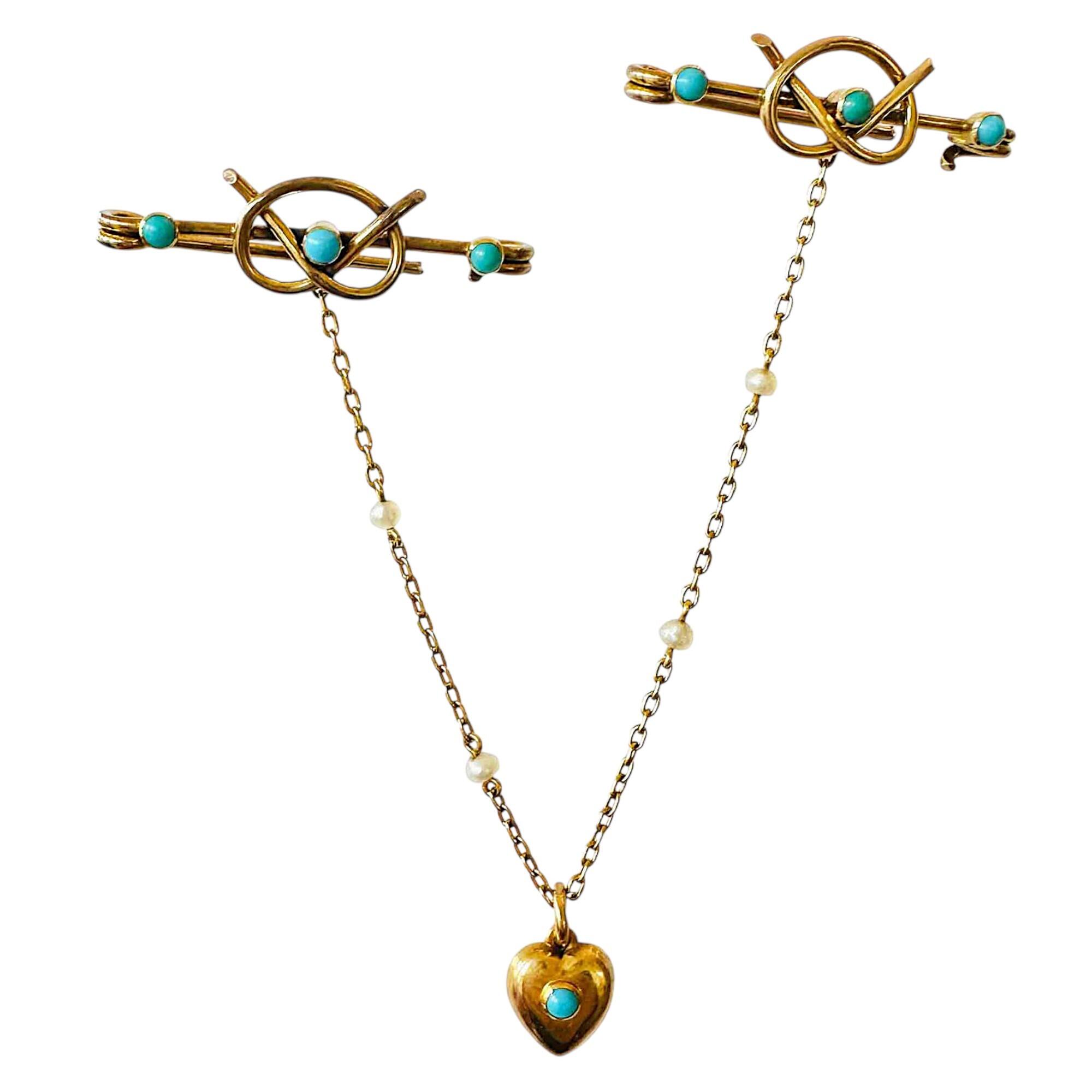 Victorian turquoise and pearl double brooch with lovers knot design and heart pendant drop