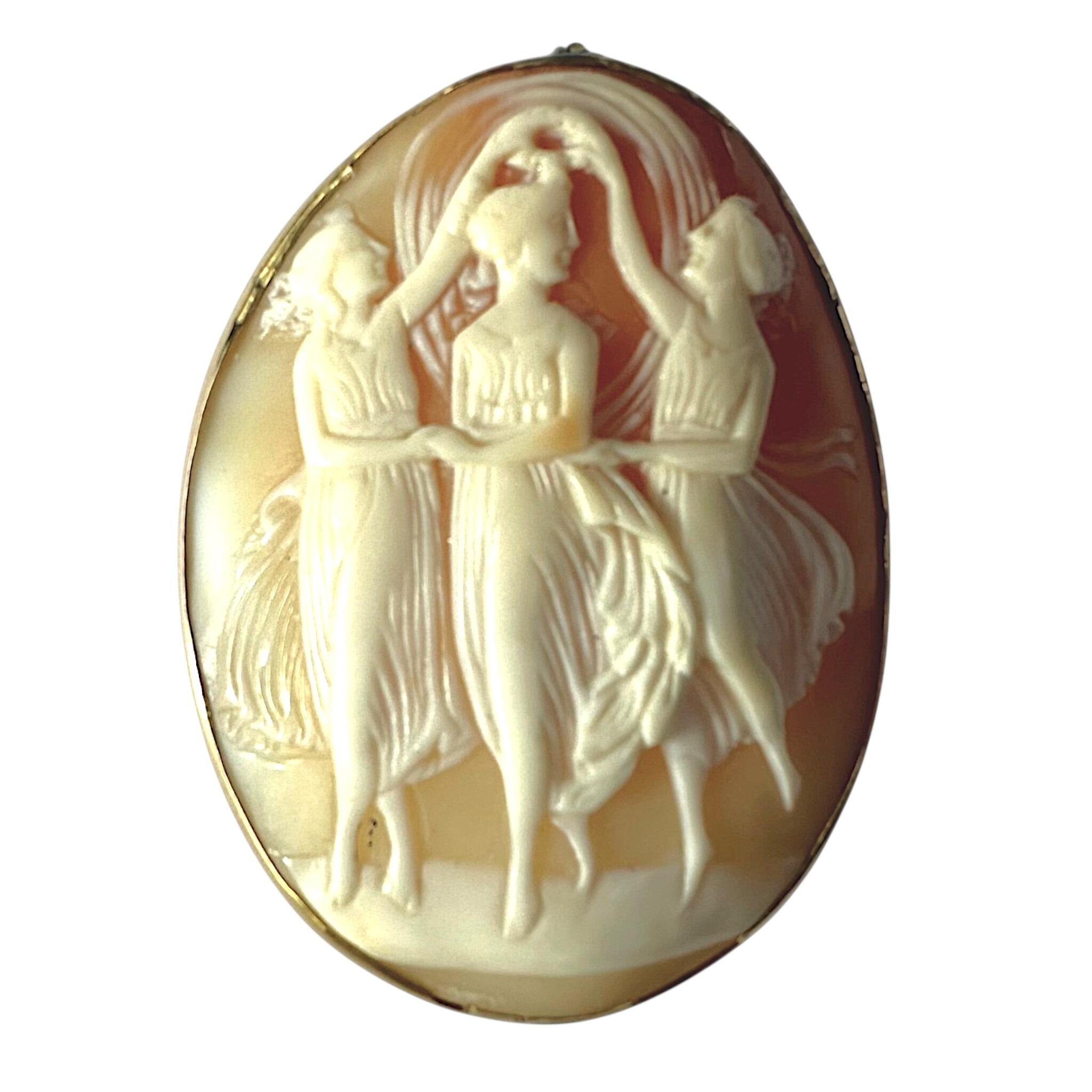Antique Cameo Brooch Three Graces – Italian Shell Carving, Signed, Gold Mount with white background
