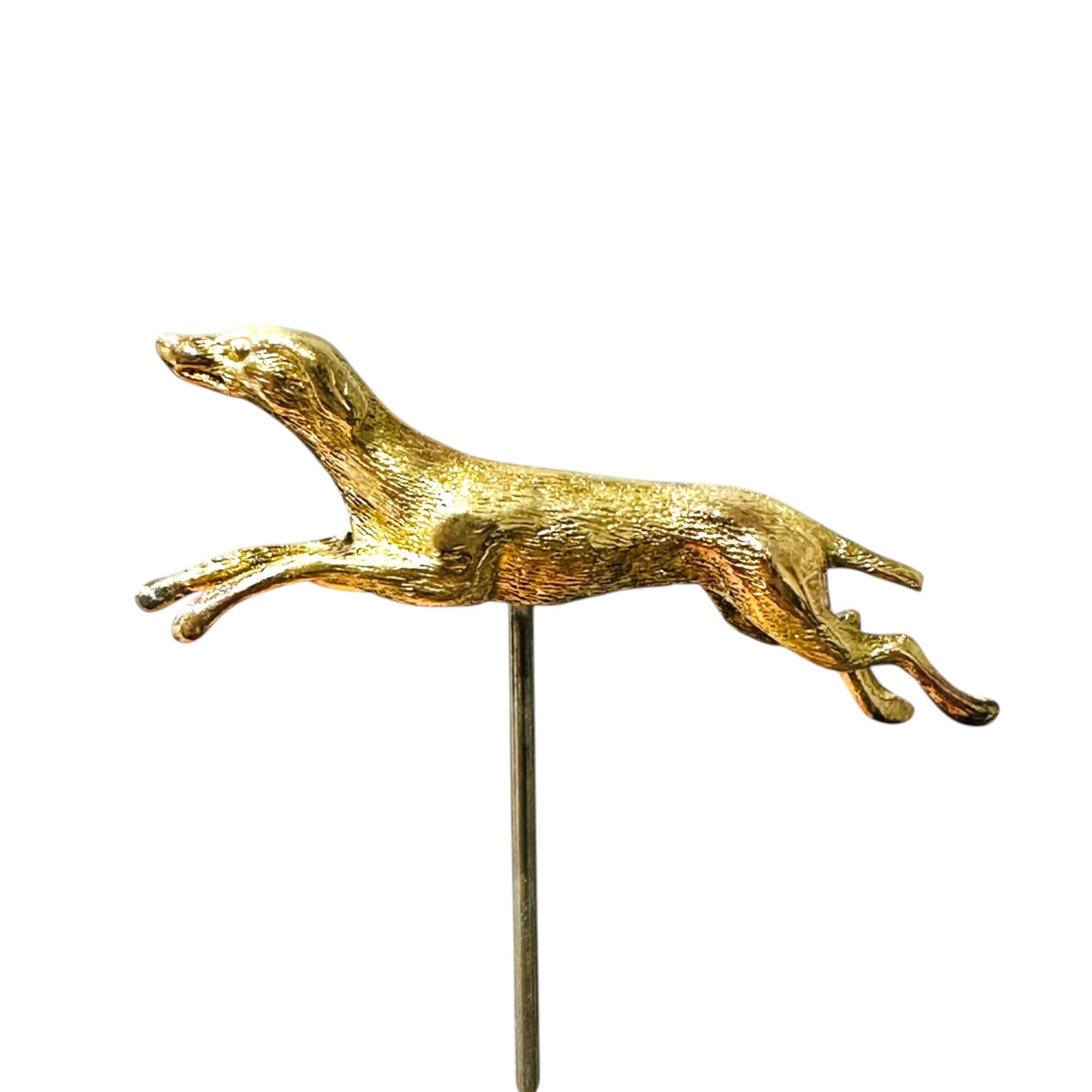 Antique 9ct Gold Leaping Greyhound Dog Stick Pin – Victorian Dog Motif Jewellery, white background.