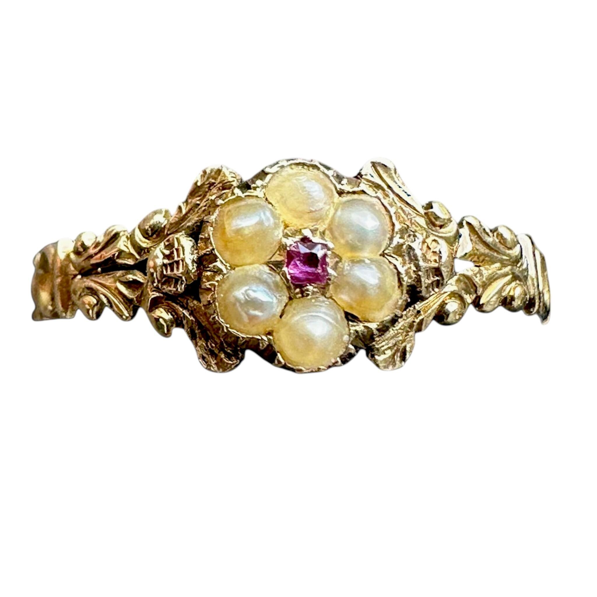 front view of Antique Georgian Regency Pearl & Ruby Daisy Ring with white background
