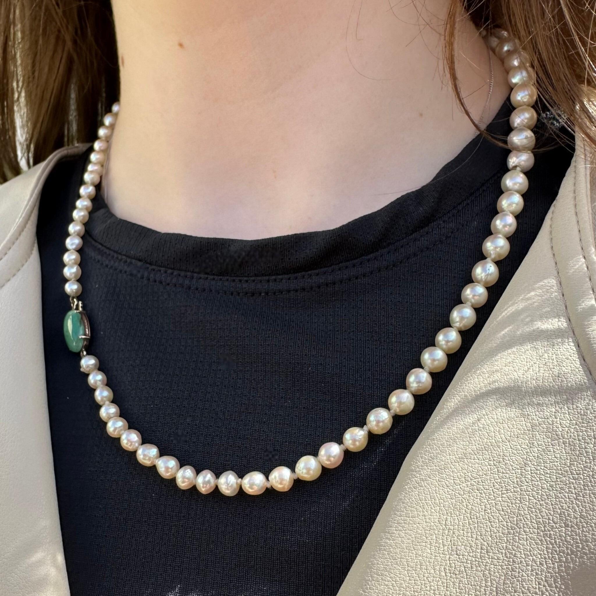 Antique Cultured Saltwater Baroque Pearl & 14k Gold Jadeite Clasp Necklace worn on models neck