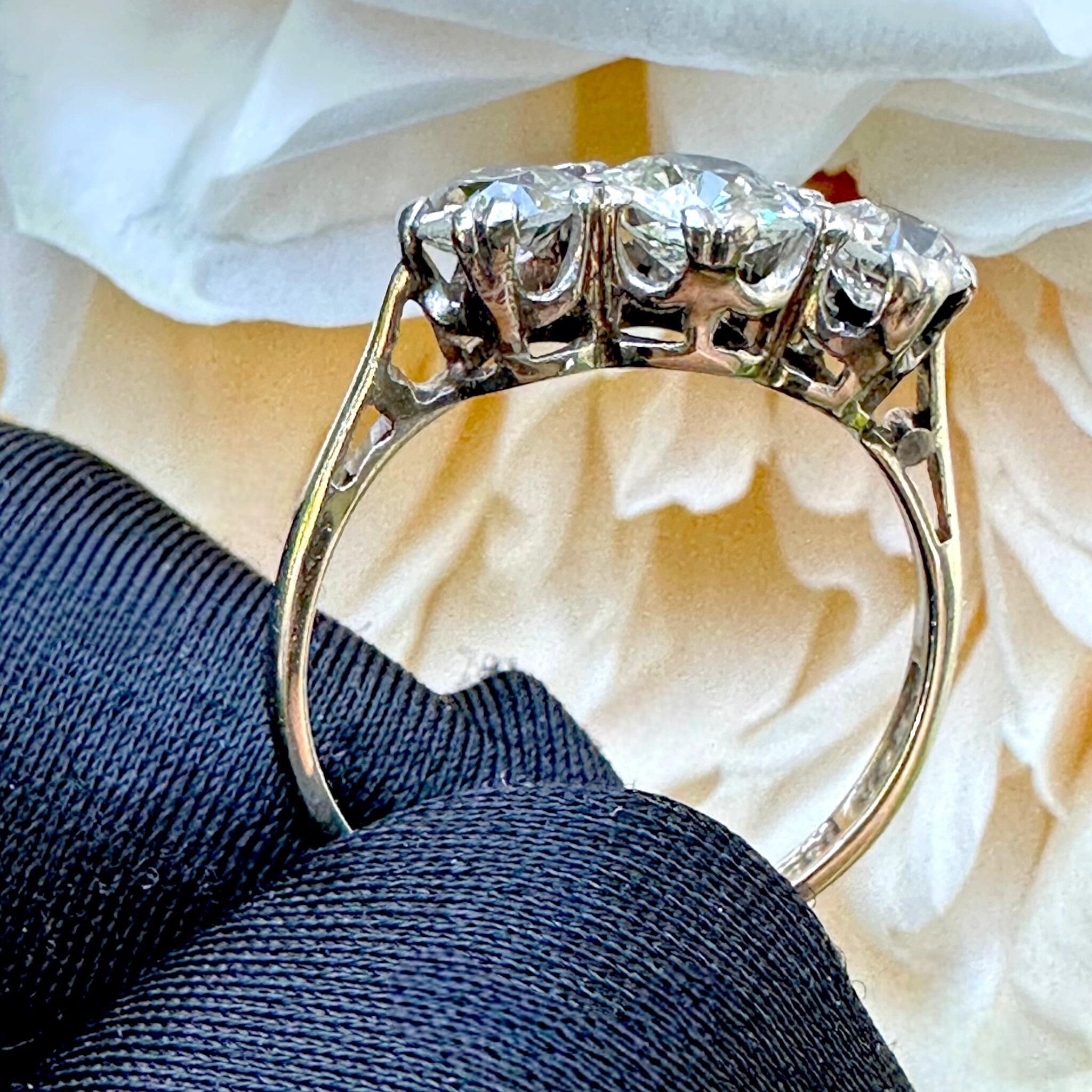 Antique Art Deco18K White Gold & Platinum, Old European Cut Diamond Trilogy Ring held in gloved hand with garden background