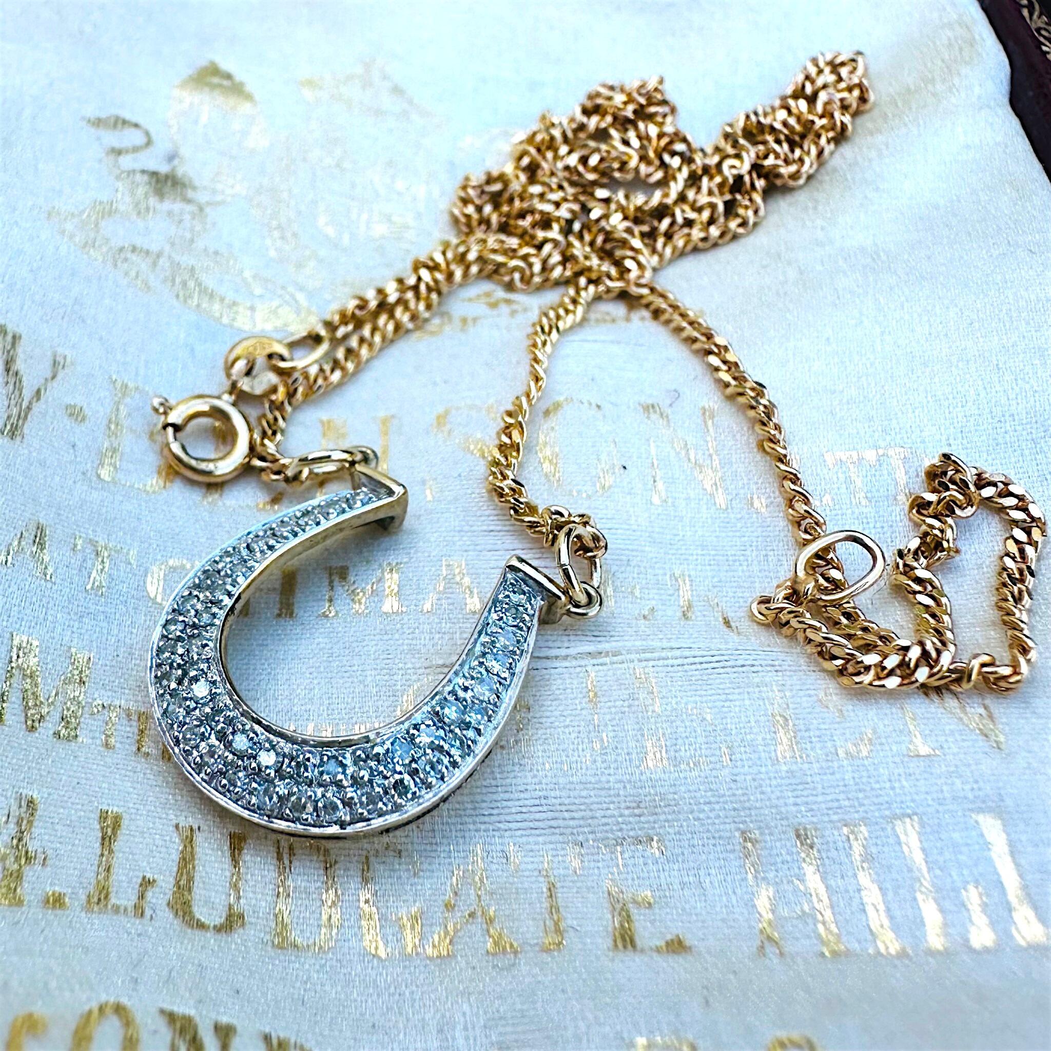 side profile of Vintage Diamond Horseshoe Necklace displayed on antique box