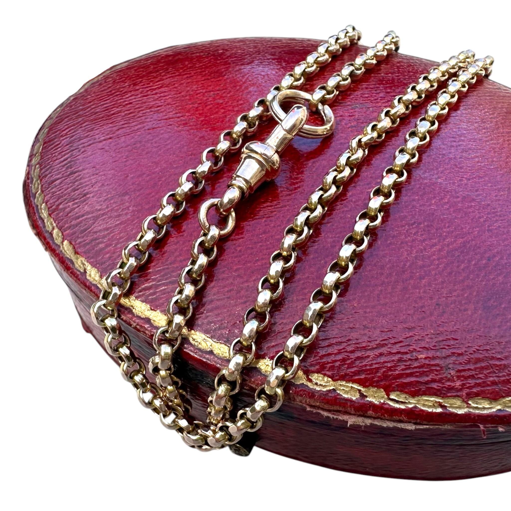 Antique Victorian 9ct Rose Gold Belcher Chain With Dog Clip & Split Ring clasp, displayed on red antique box