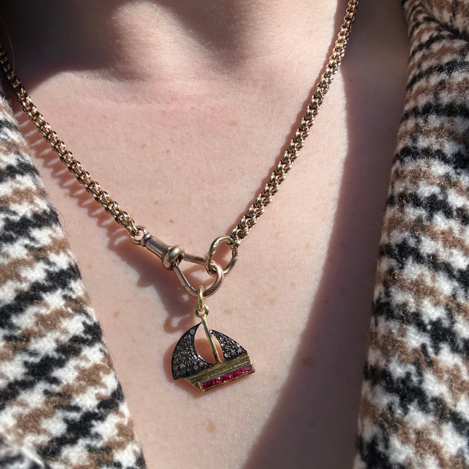 Vintage Diamond & Red Spinel Yacht Pendant Charm worn on models neck