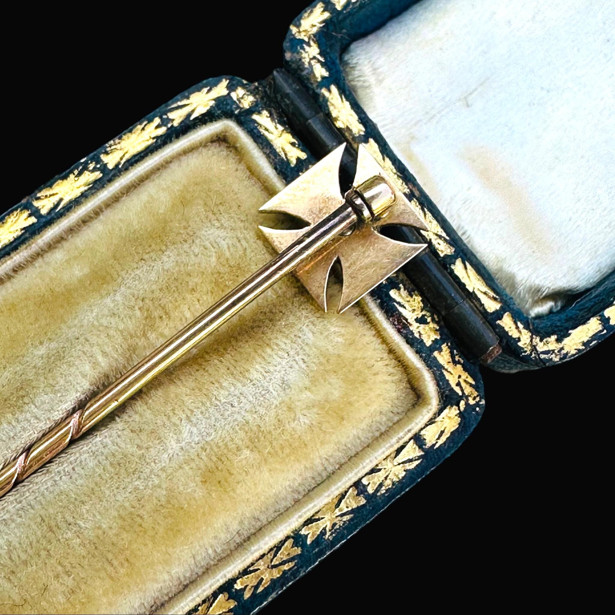 rear view of Antique Victorian Gold Maltese Cross Stick Pin & Original Box with black background