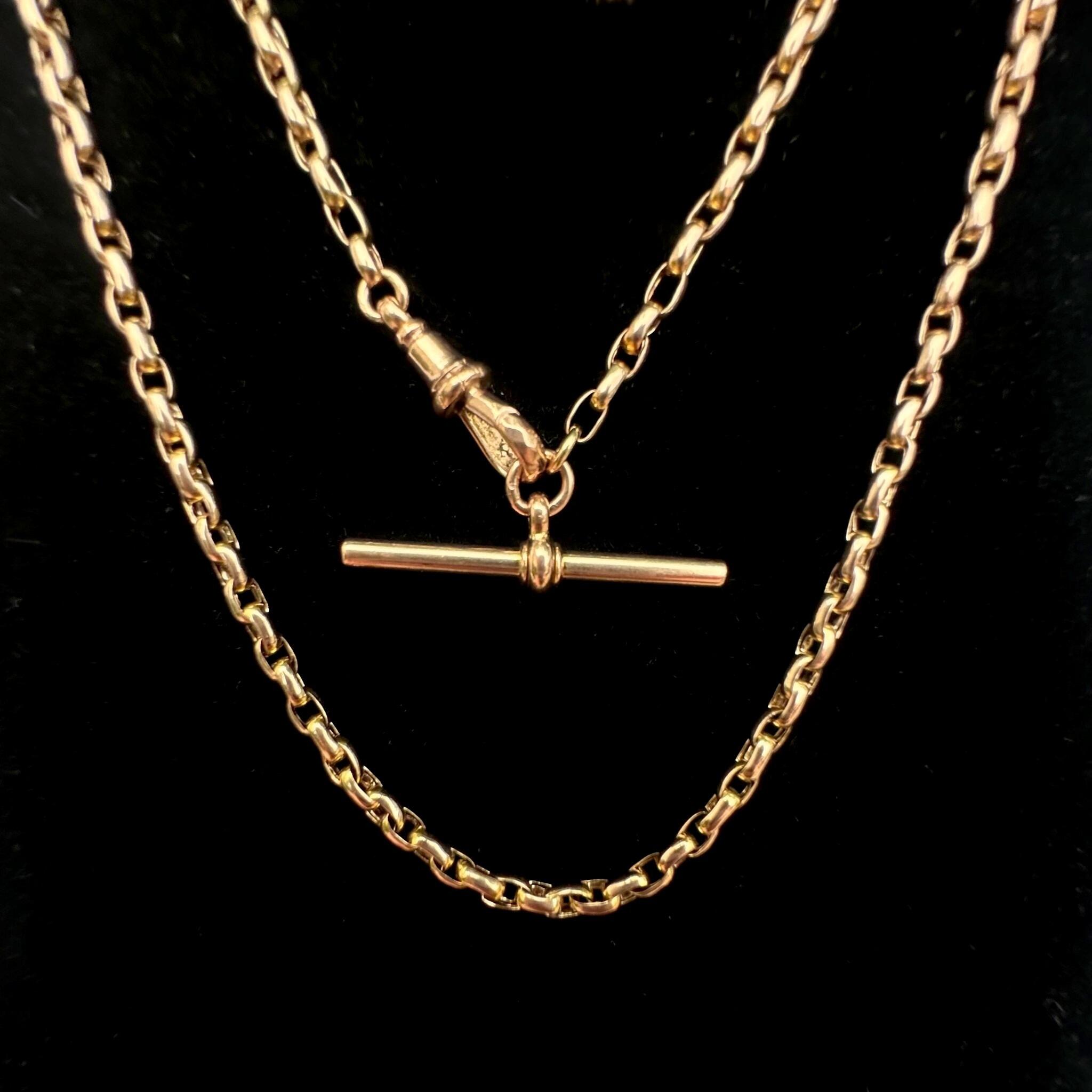 Antique Victorian 9k Gold Bike Link Chain & Dog Clip Clasp displayed on black velvet antique box