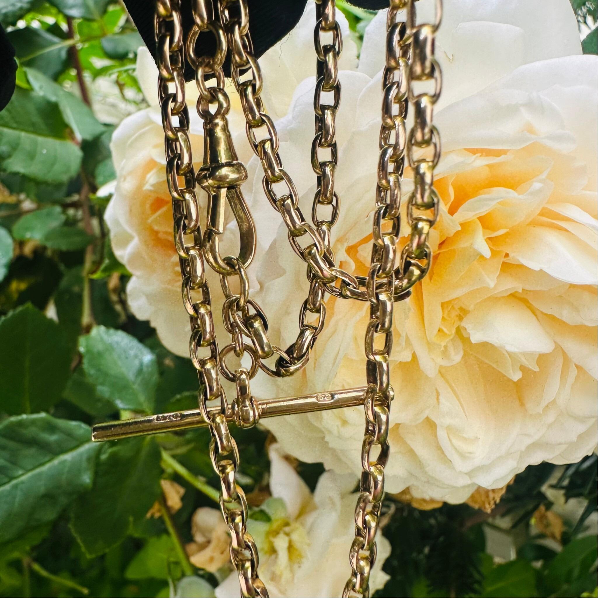 Antique Victorian Gold Bike Link Chain, Dog Clip & T-bar Clasp held in garden