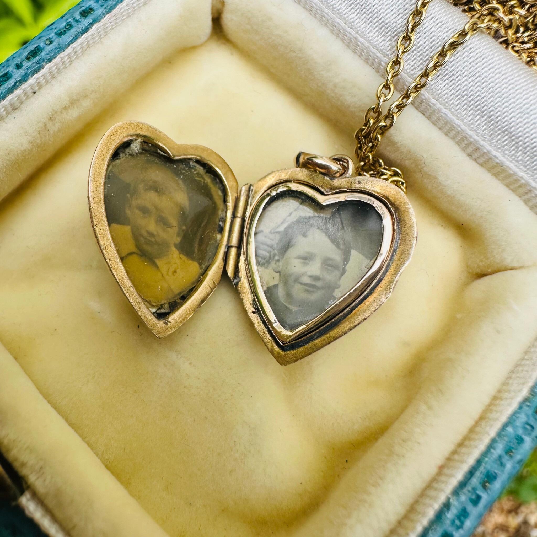 Vintage Gold Pearl Star Set open Puffy Heart Locket displayed on antique box