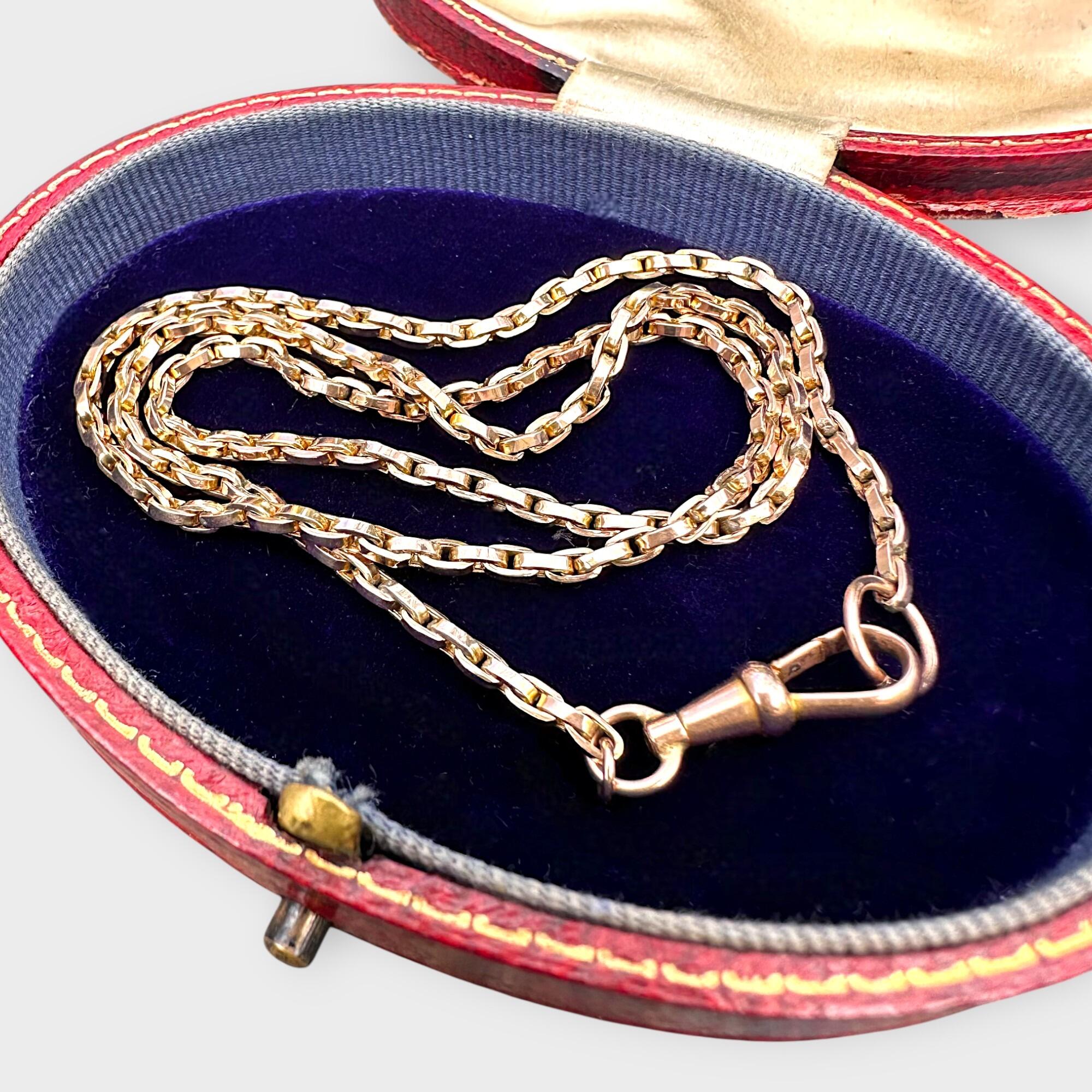 Antique 9ct rose gold bike chain necklace with dog clip clasp – on antique box