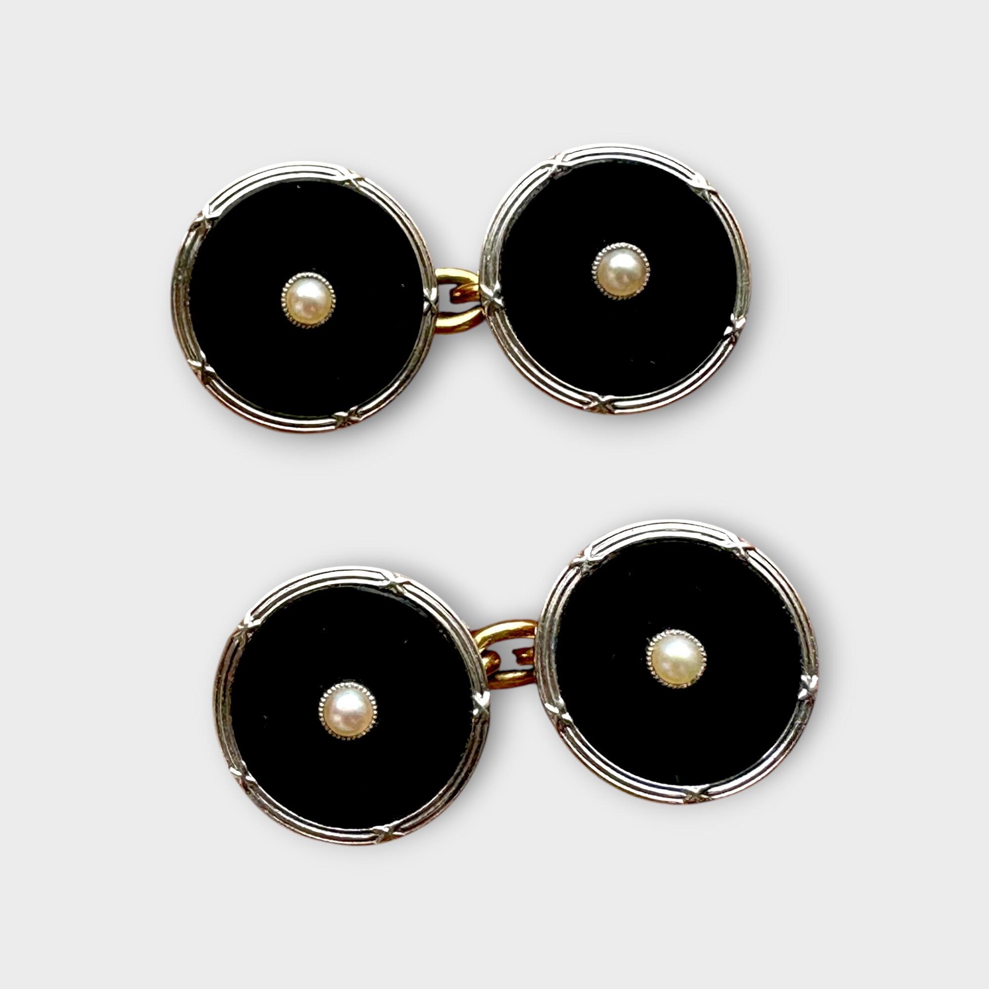 Art Deco 18ct Gold & Platinum Black Onyx and Pearl Cufflinks